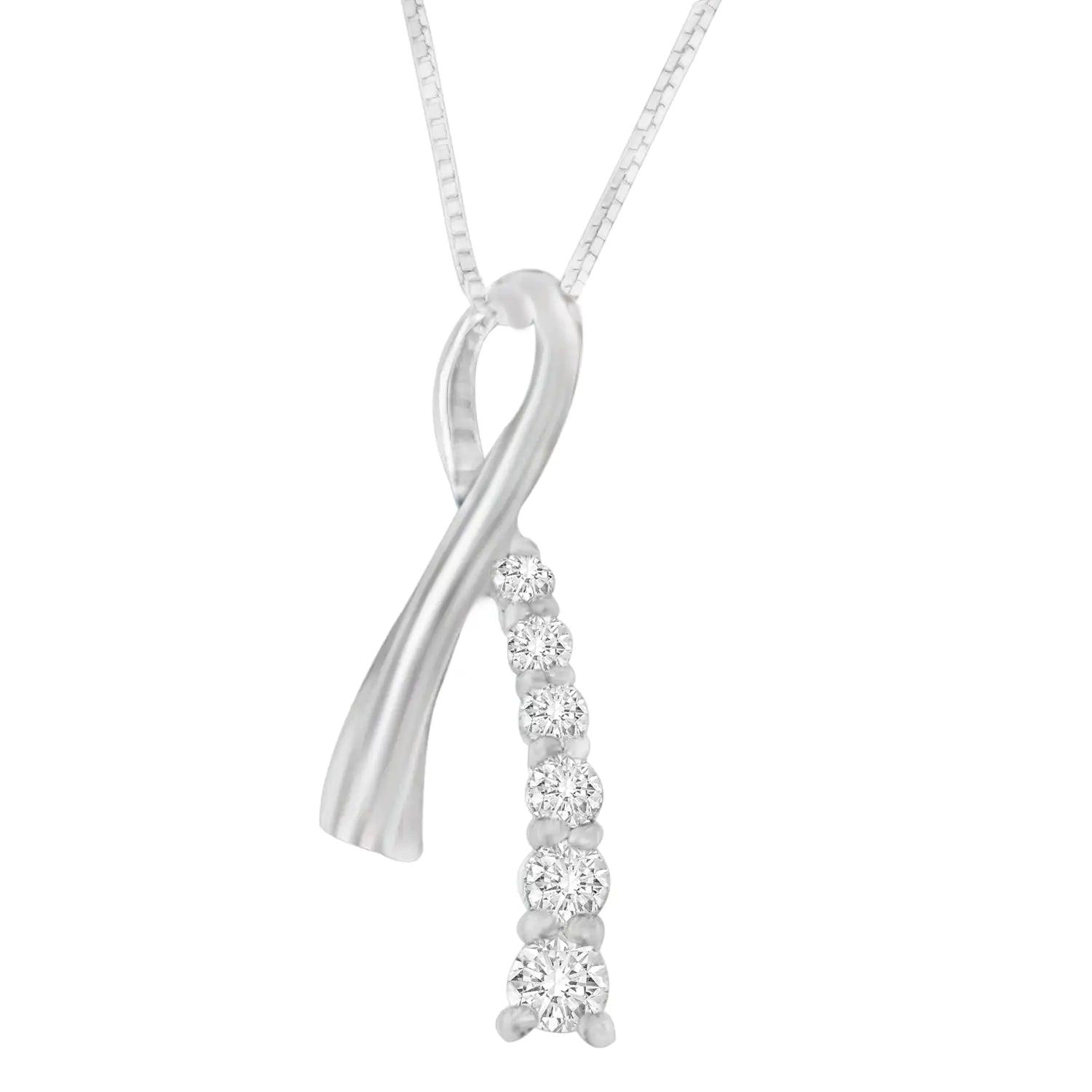 14K White Gold Princess Cut Diamond Ribbon Loop Pendant Necklace (0.25 cttw, H-I Color, I2-I3 Clarity) - Evallys.com # #