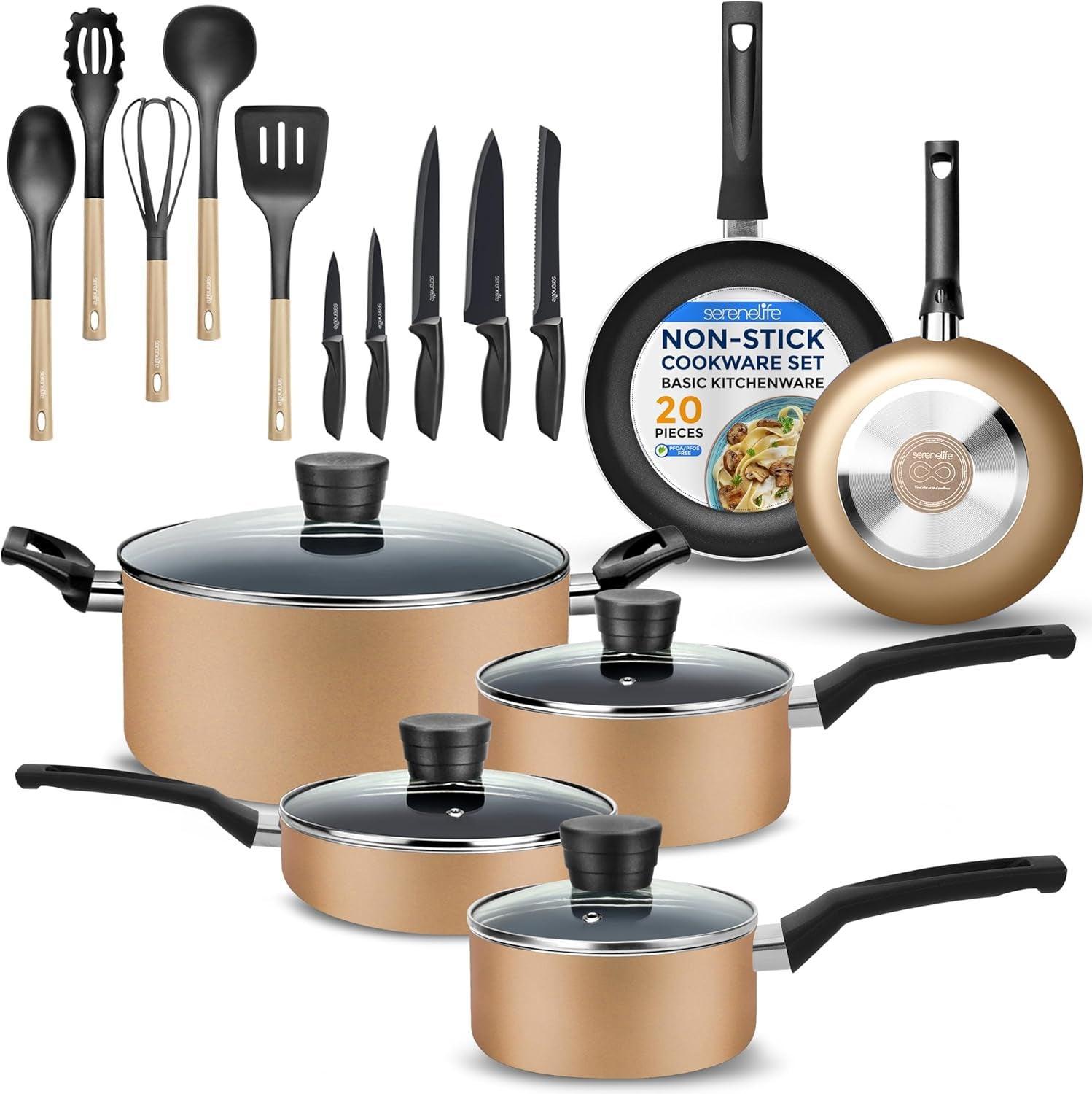 Serenelife Kitchenware Pots & Pans Basic Kitchen Cookware, Black Non-Stick Coating Inside, Heat Resistant Lacquer (20-Piece Set), One Size - Evallys.com # #