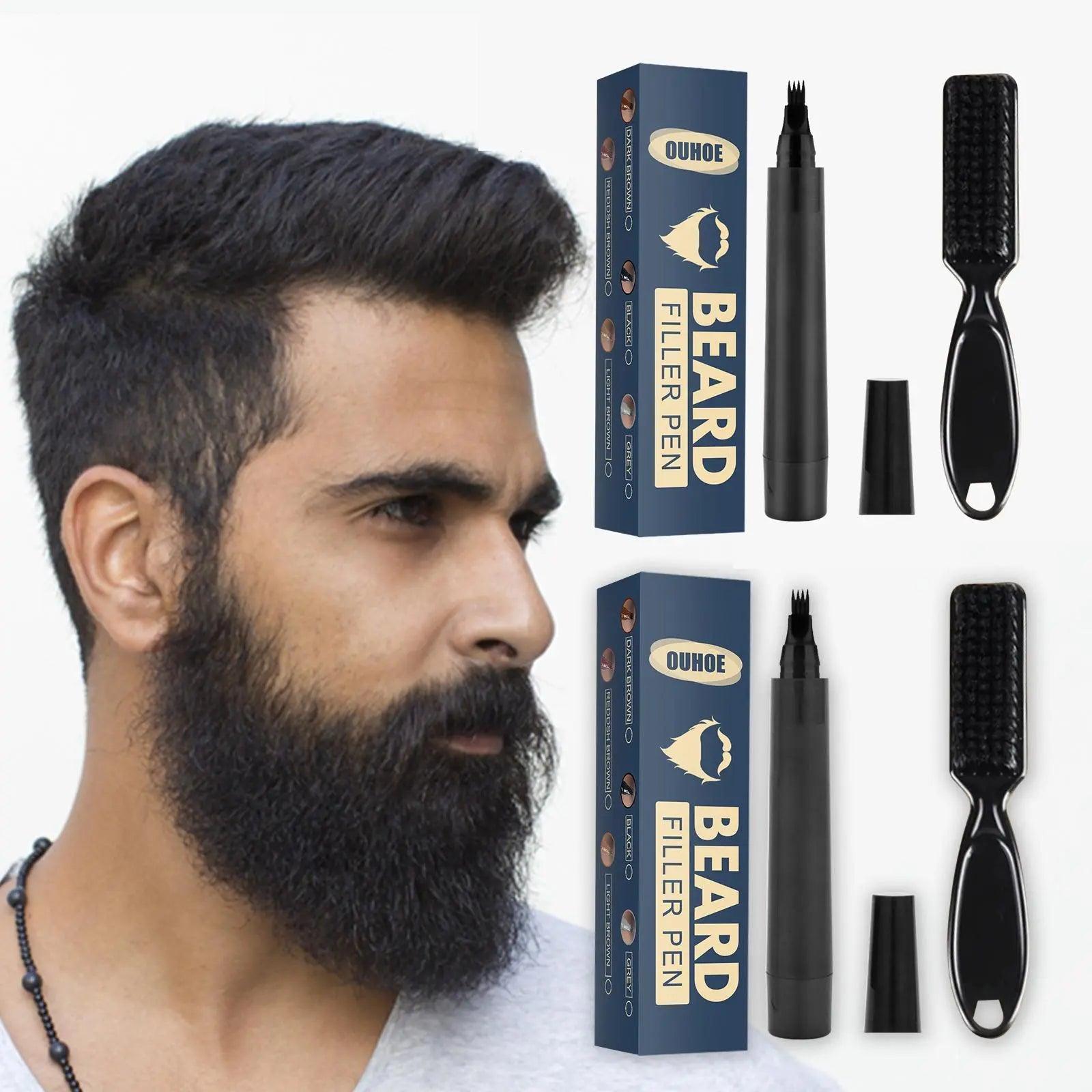 Beard Styling Tool Kit, 2 Boxes 4 Tips Waterproof Beard Pen with 2Pcs Brush, Beard Filling Pen for Men - Evallys.com # #