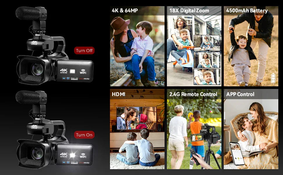 UHD 4k Video Camera Camcorder with 18X Digital Zoom,64MP Digital Camera Recorder,4.0-inch Rotating Touchscreen,64GB SD Card,Micr - Evallys.com