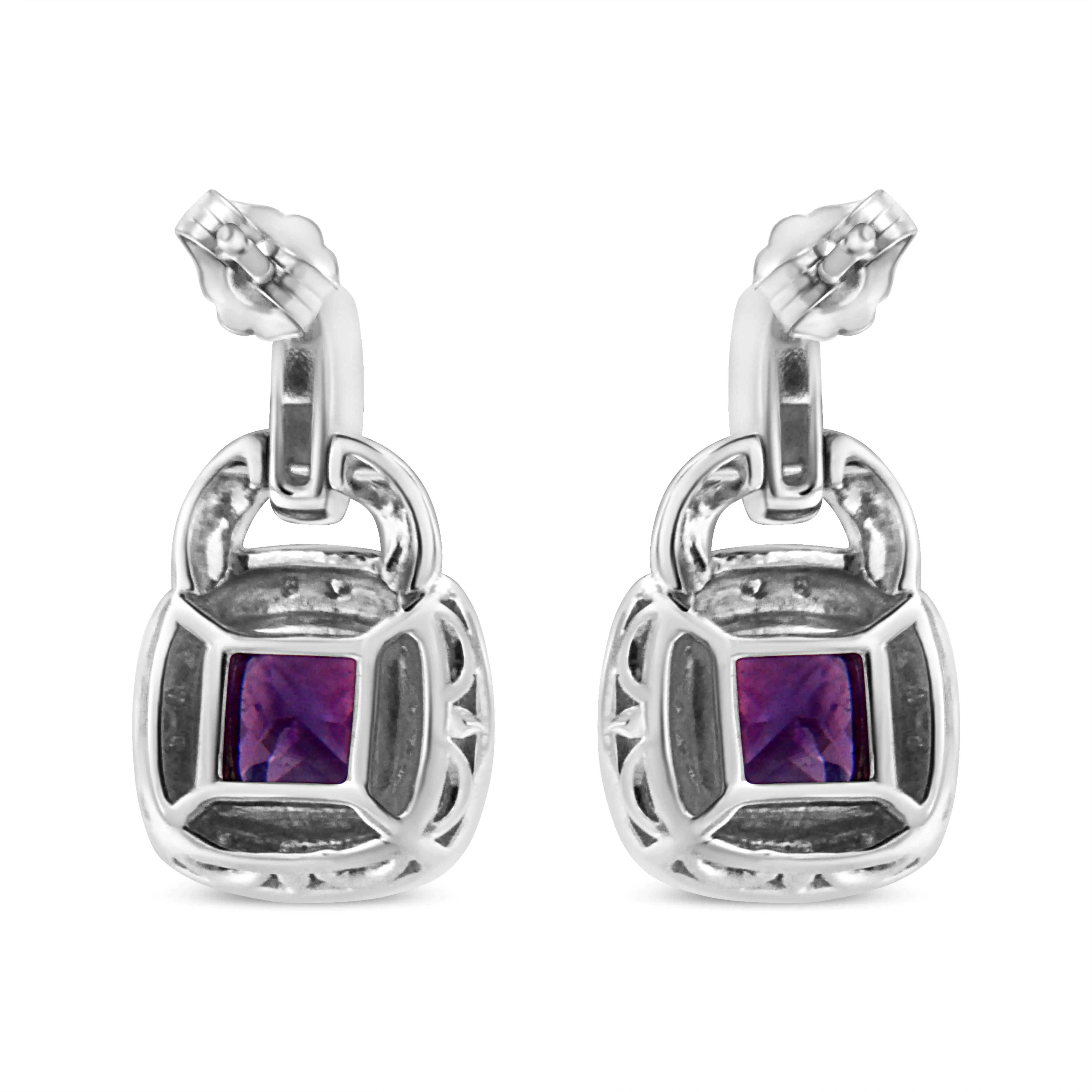 .925 Sterling Silver 8MM Natural Cushion Shaped Amethyst and Diamond Accent Halo with Push Back Dangle Earrings (I-J Color, I2-I3 Clarity) - Evallys.com # #