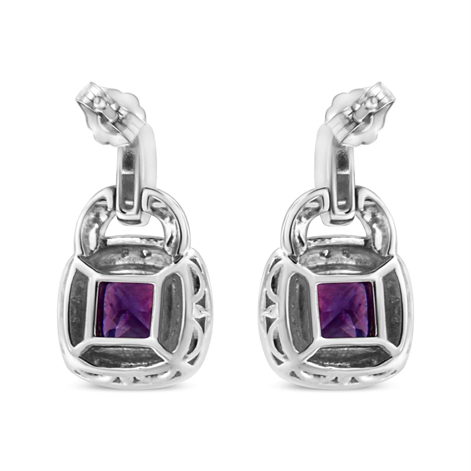 .925 Sterling Silver 8MM Natural Cushion Shaped Amethyst and Diamond Accent Halo with Push Back Dangle Earrings (I-J Color, I2-I3 Clarity) - Evallys.com # #