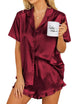 Ekouaer Womens Satin Pajamas Set Button Down 2 Piece Silk Pjs Shorts Set Ruffle Lingerie Notch Collar Sleepwear Wind Red Medium - Evallys.com