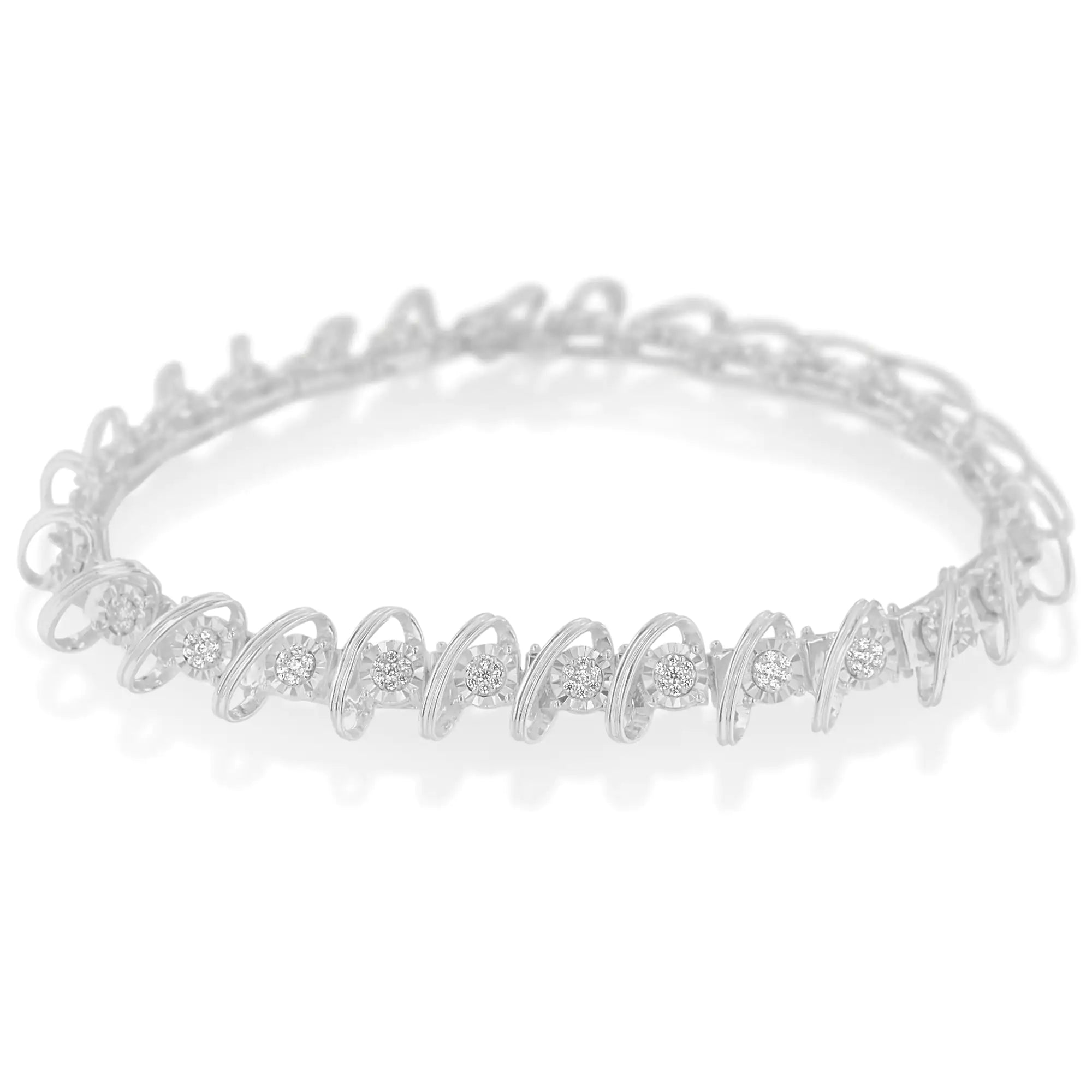 .925 Sterling Silver 3/4 Cttw Diamond  Illusion Plate Link Bracelet (I-J Color, I3 Clarity) - Size 7.25" - Evallys.com # #