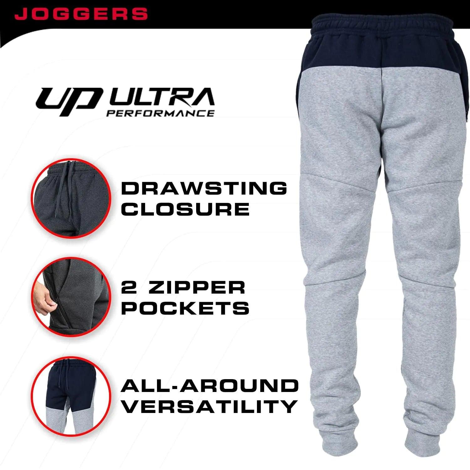 Ultra Performance 3 Pack Fleece Active Tech Joggers for Men, Mens Sweatpants with Zipper Pockets 3X Color Block Navy / Color Block Black / Color Block Charcoal - Evallys.com # #