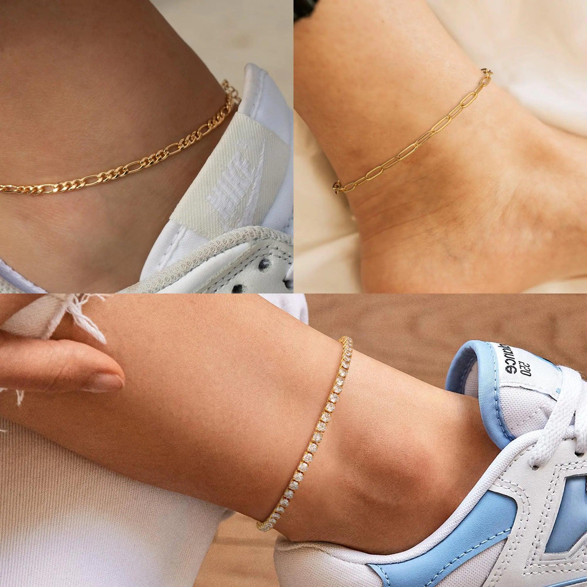 14K Gold/Sterling Silver Plated Anklet Bracelets for Women Waterproof Plus Size Cuban Link Chain Ankle Bracelet for Large Ankle 9-12inch Style-03 (Women Average Size) - Evallys.com # #