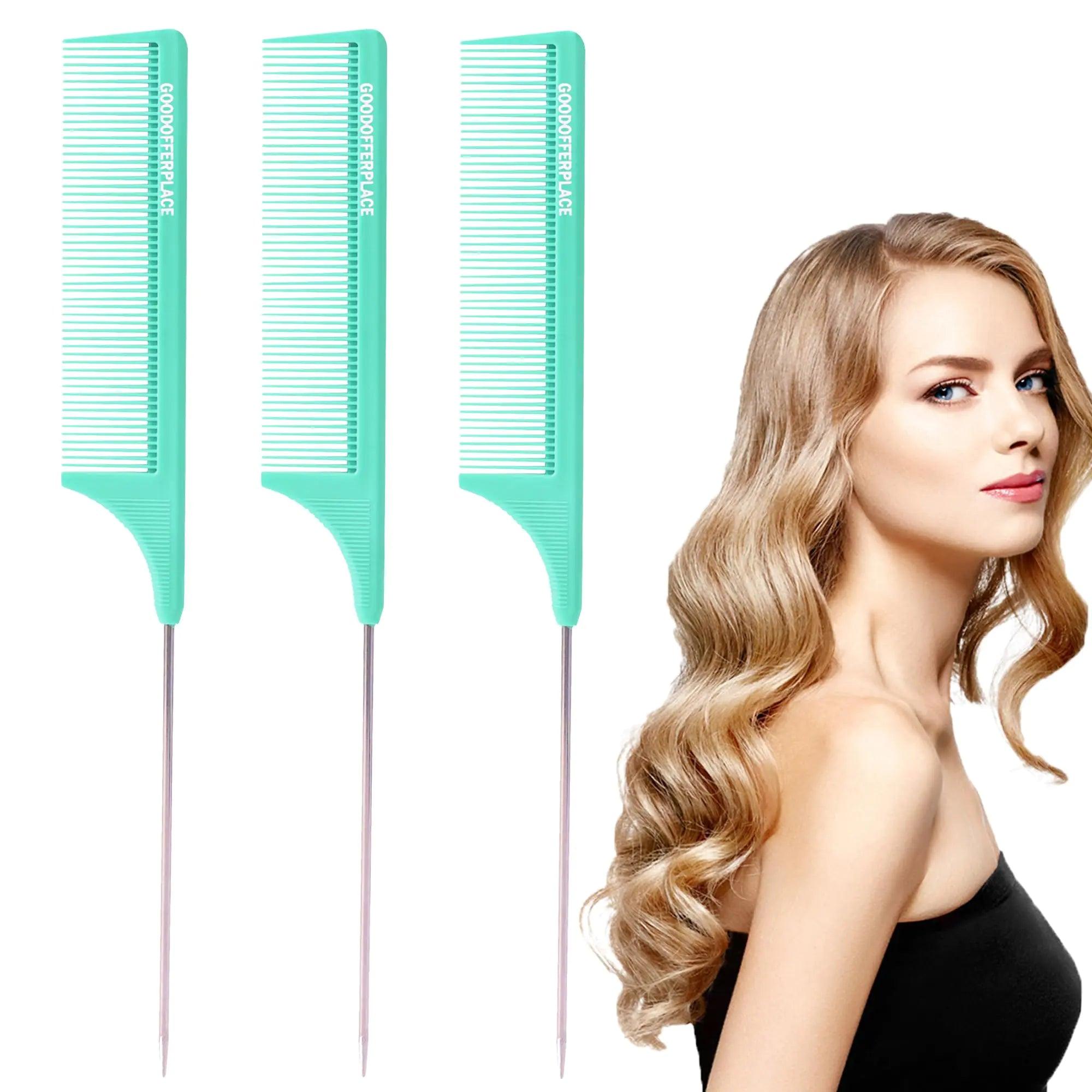 3 PCS Rat Tail Combs Parting Rattail Combs Teasing Fine Tooth Comb with Metal Pick for Curly Hair,Detangling Combs for Women,Parting Combs for Braiding,Styling Hair(Green) Grenn - Evallys.com # #