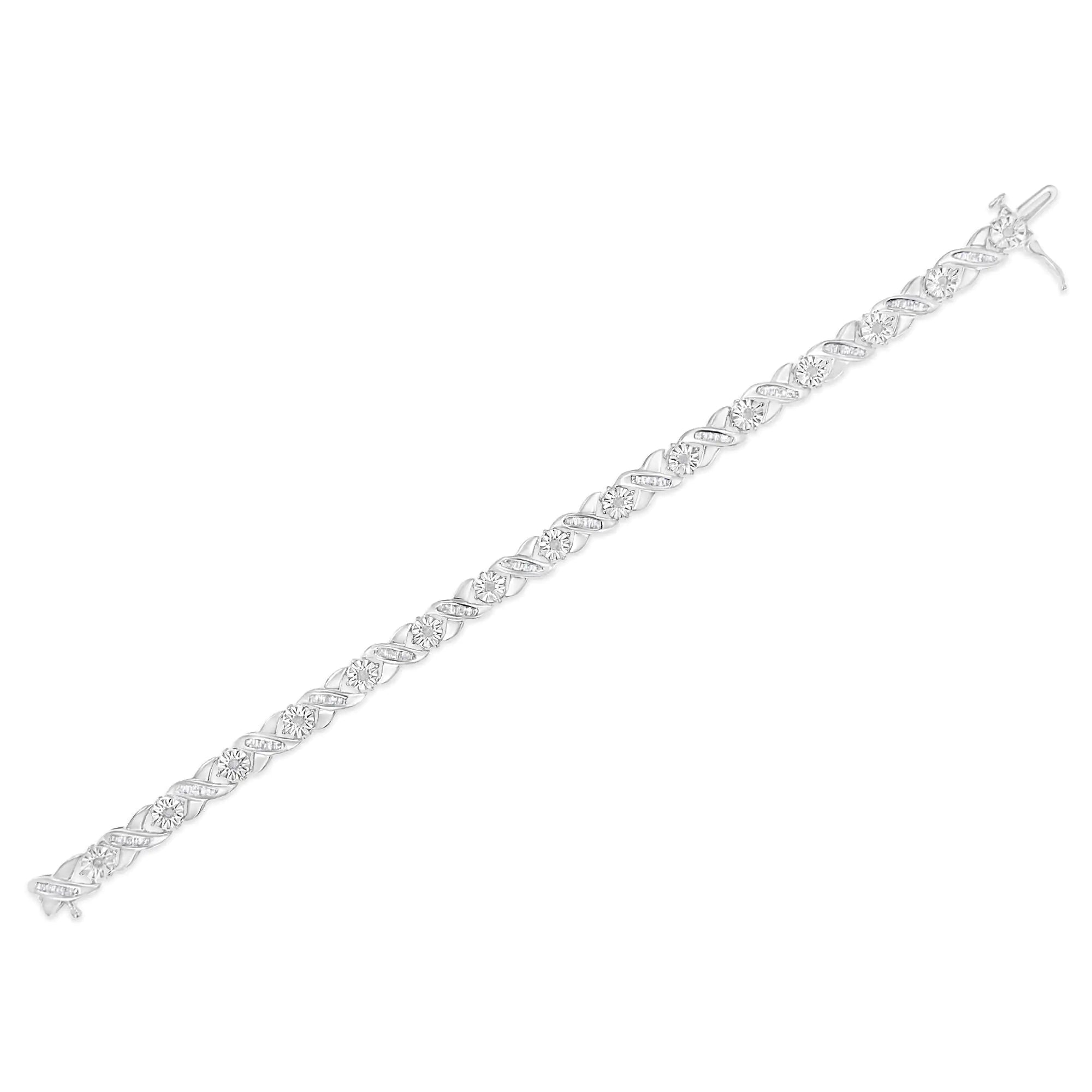 .925 Sterling Silver 1.0 Cttw Round-Brilliant and Baguette Cut Diamond Miracle-Set X-Link 7" Tennis Bracelet (I-J Color, I2-I3 Clarity) - Evallys.com # #