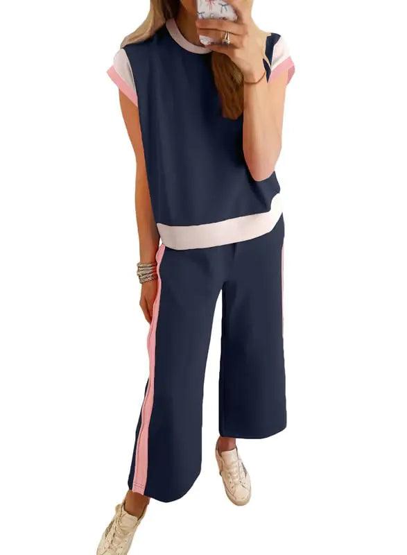 SHEWIN Women's 2 Piece Lounge Sets Casual Short Sleeve Pullover Tops Matching Wide Leg Pants Tracksuit Set XX-Large B Navy Blue - Evallys.com # #