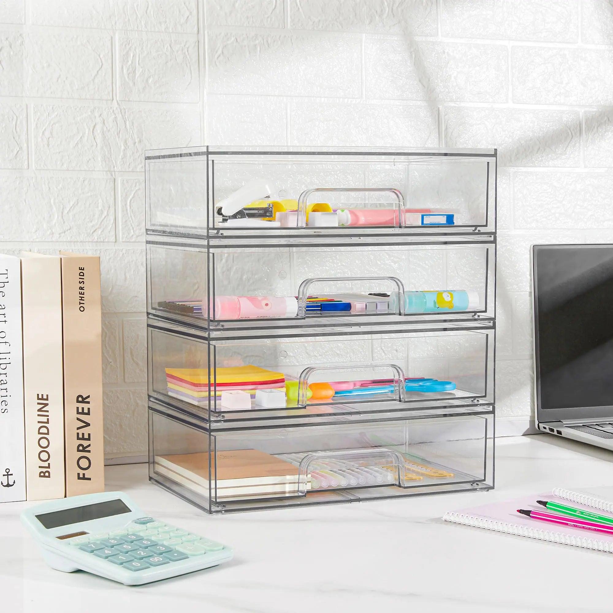 Vtopmart 12''W Clear Stackable Storage Drawers,4 Pack Acrylic Plastic Organizers Bins for Makeup Palettes, Cosmetics, and Beauty Supplies,Ideal for Vanity, Bathroom,Cabinet,Desk Organization 4 - Evallys.com # #