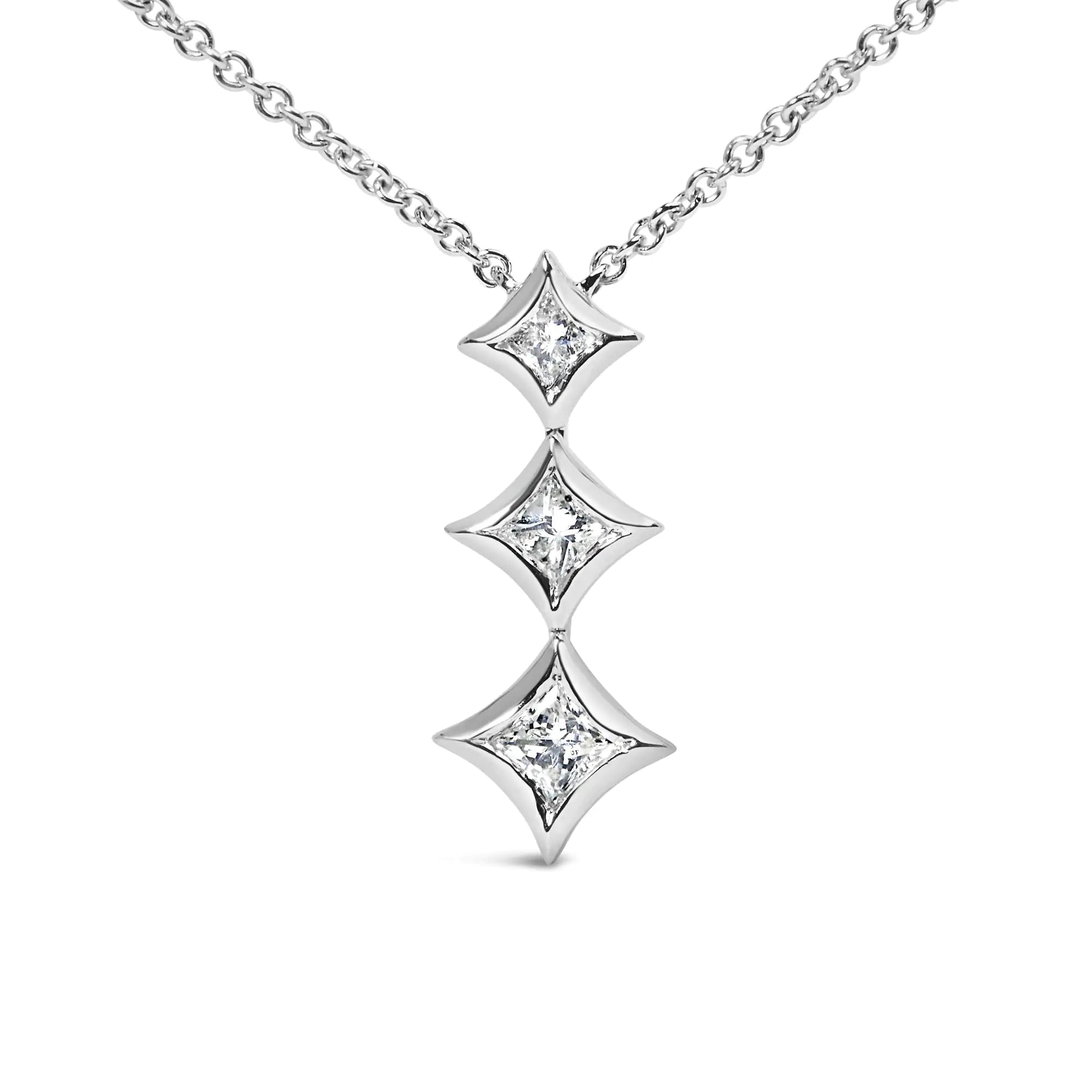 10K Gold 1/5 Cttw Princess Cut Diamond 3 Stone Drop 18" Pendant Necklace (H-I Color, SI2-I1 Clarity) - Evallys.com # #