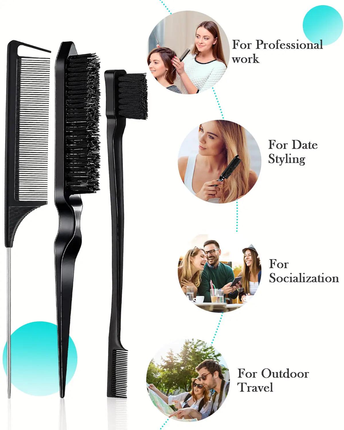 Hair Styling Brush Set - Slick Back Comb, Edge Control Brush, Rat Tail Comb for Smooth Styling, Frizz Taming, and Parting (3 Pieces) 3 Pieces (Black) - Evallys.com # #