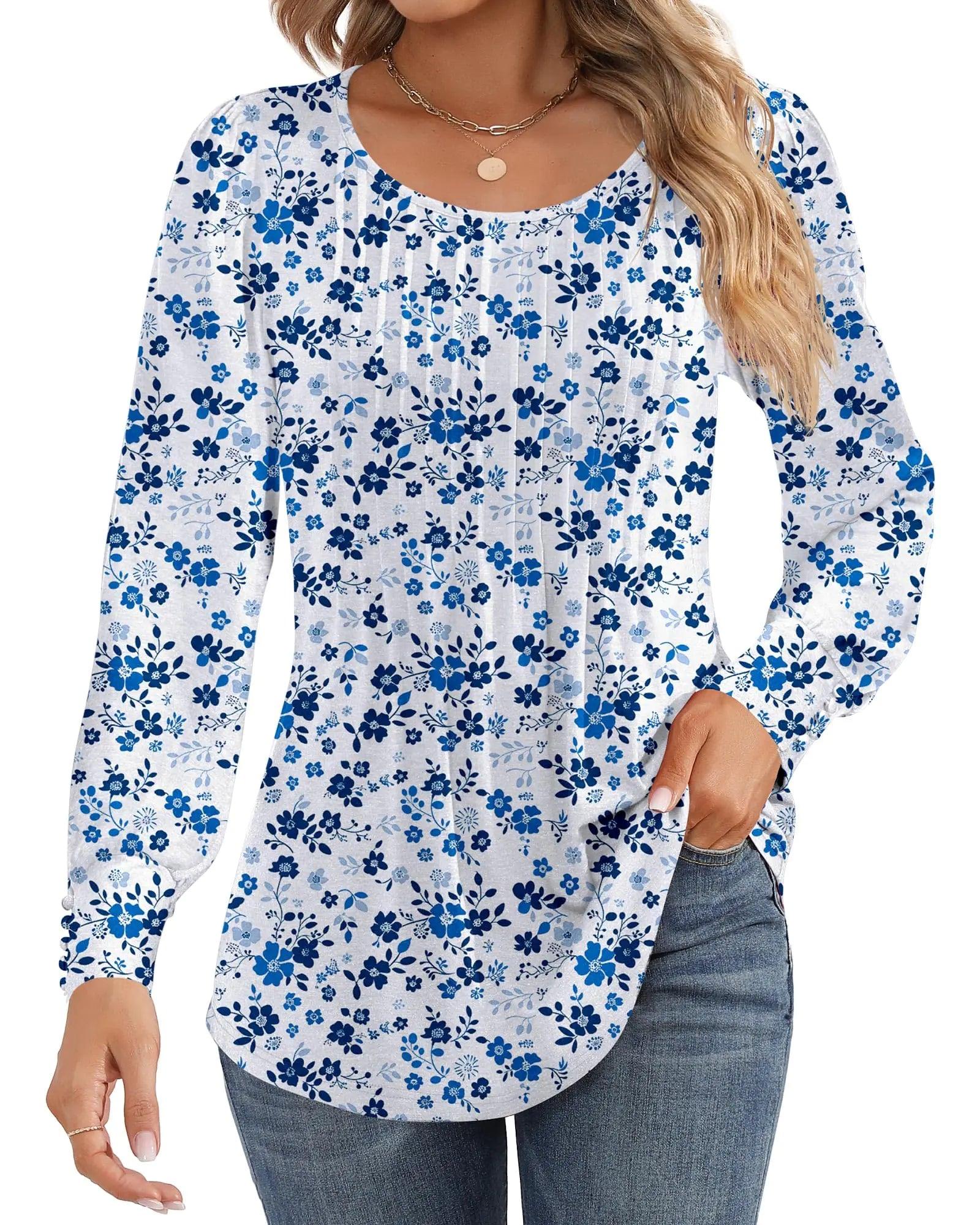 Ficerd Women's Puff Long Sleeve Tunic Tops Pleated Crew Neck Blouses Dressy Casual Loose Fit Fall and Winter Shirts Pink Floral Large - Evallys.com