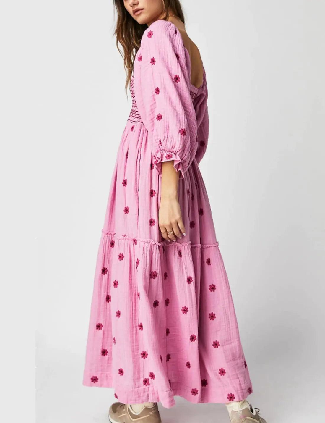 Women Floral Embroidered Maxi Dress Long Puff Sleeve Square Neck Bohemian Flowy Dress with Pockets Smocked Fall Dress Large Pink - Evallys.com # #