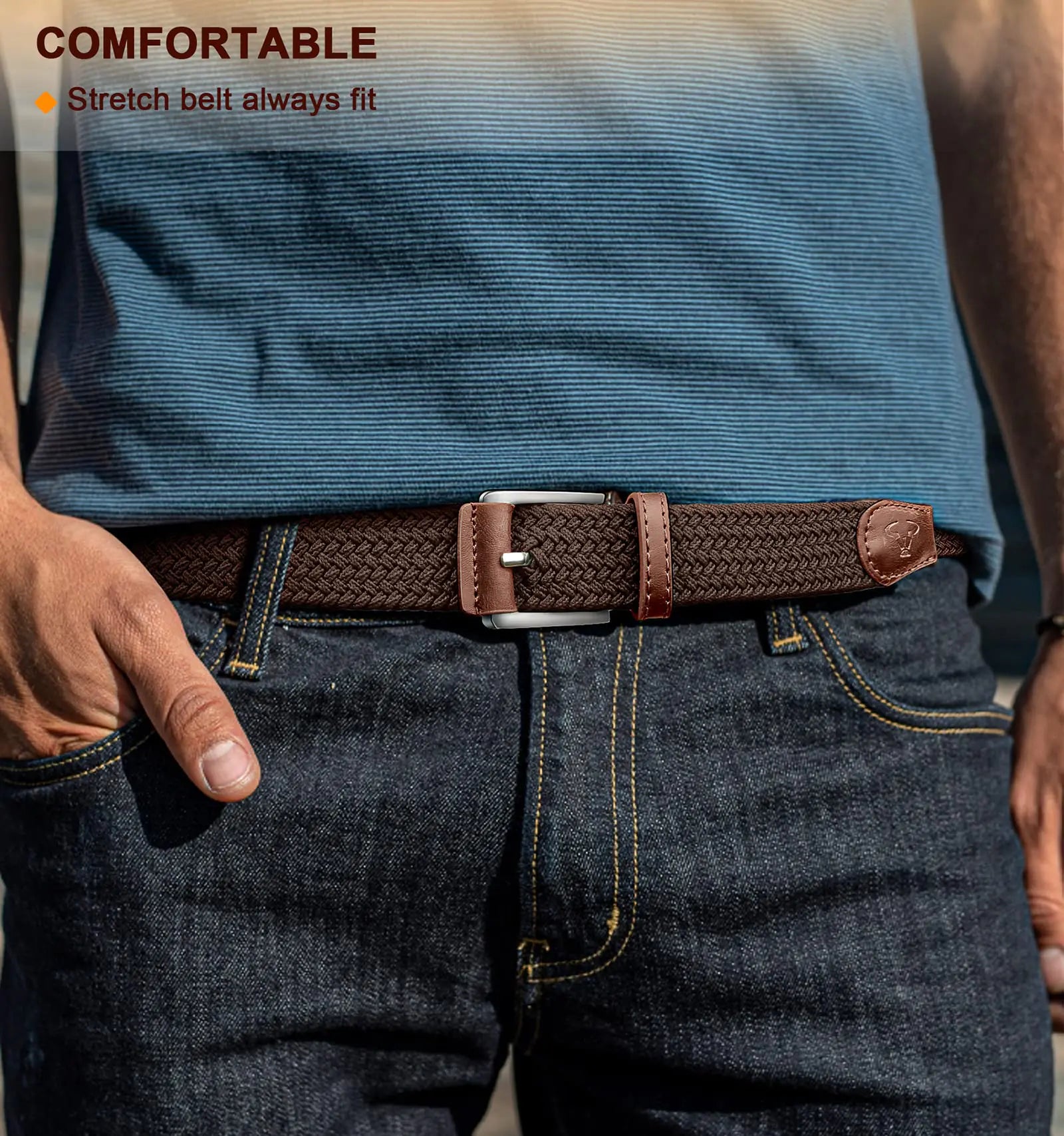 BULLIANT Stretch Belt Men,Mens Gift Woven Braided Web Belt 1 3/8 for Golf Casual Pants Shirts Jeans Dark Brown 1349 38