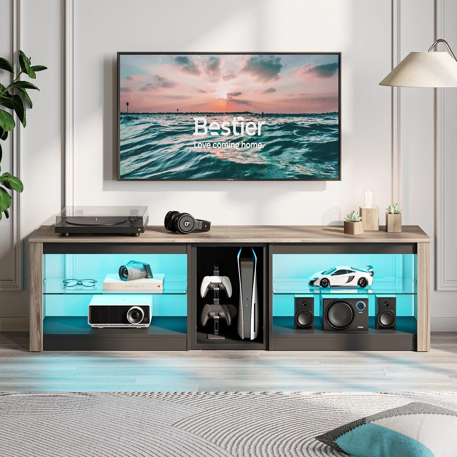 Bestier TV Stand for Tvs up to 70", Console Table with RGB LED Lights and Storage Cabinet, Pinewood - Evallys.com # #