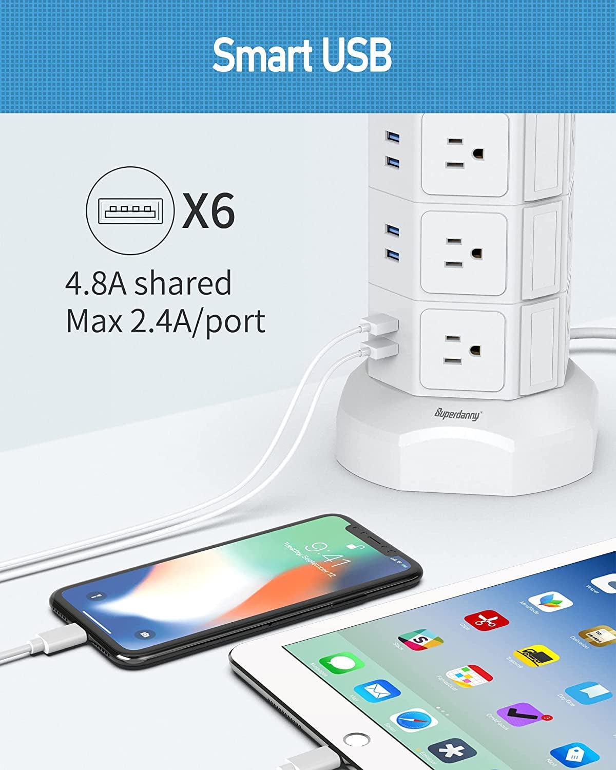 Power Strip Tower, SUPERDANNY Surge Protector Tower with 15W Magnetic Wireless Charger, 1050J, 13A Charging Station with 12 AC Outlets & 6 USB Ports, 6.5Ft Extension Cord for Home Office, White - Evallys.com # #