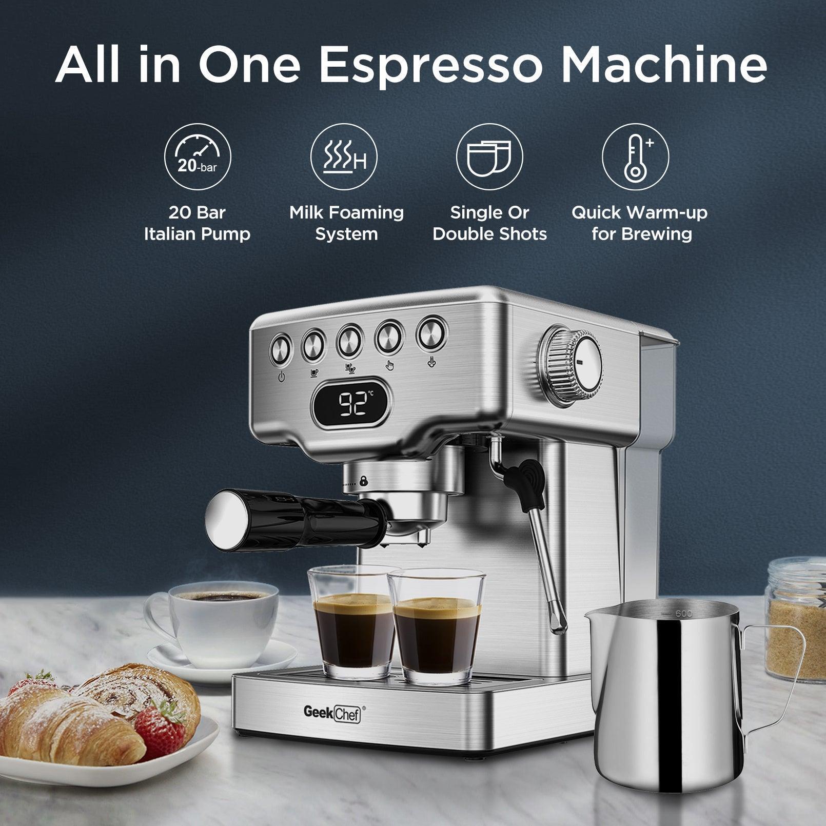 Geek Chef Espresso Machine, 20 Bar Espresso Machine With Milk Frother For Latte, Cappuccino, Macchiato, For Home Espresso Maker, 1.8L Water Tank, Stainless Steel, Ban On Amazon - Evallys.com # #