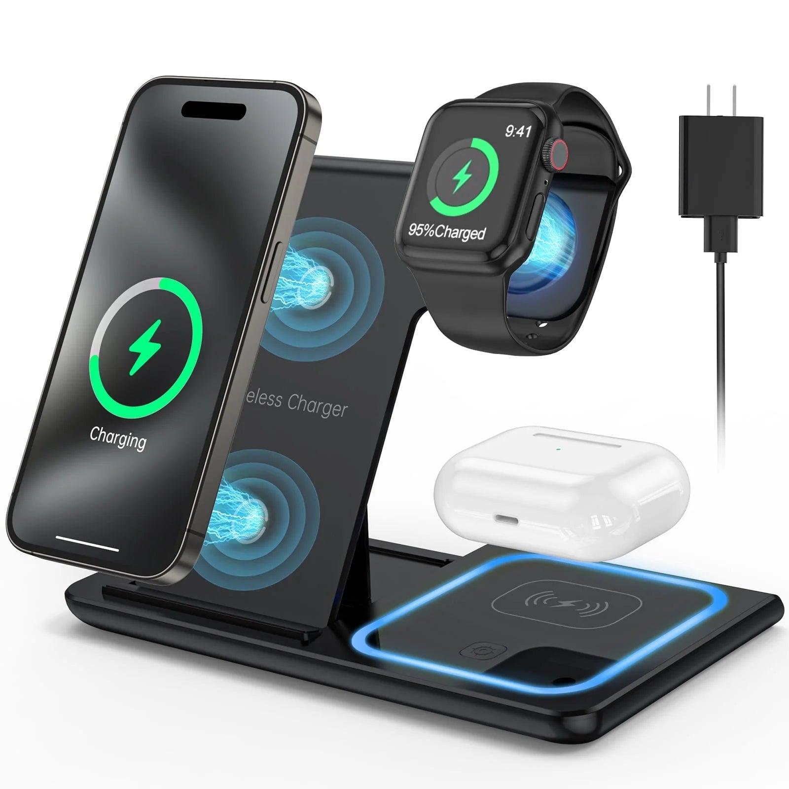 Wireless Charger, 18W Fast Iphone Charging Station for Iphone 15/14/13/12 /11/Pro Max/Plus /XR,3 in 1 Wireless Charging Stand for Iwatch Series SE 9/8/7/6/5/4/3, Airpods Pro/3/2 (With QC3.0 Adapter) - Evallys.com # #