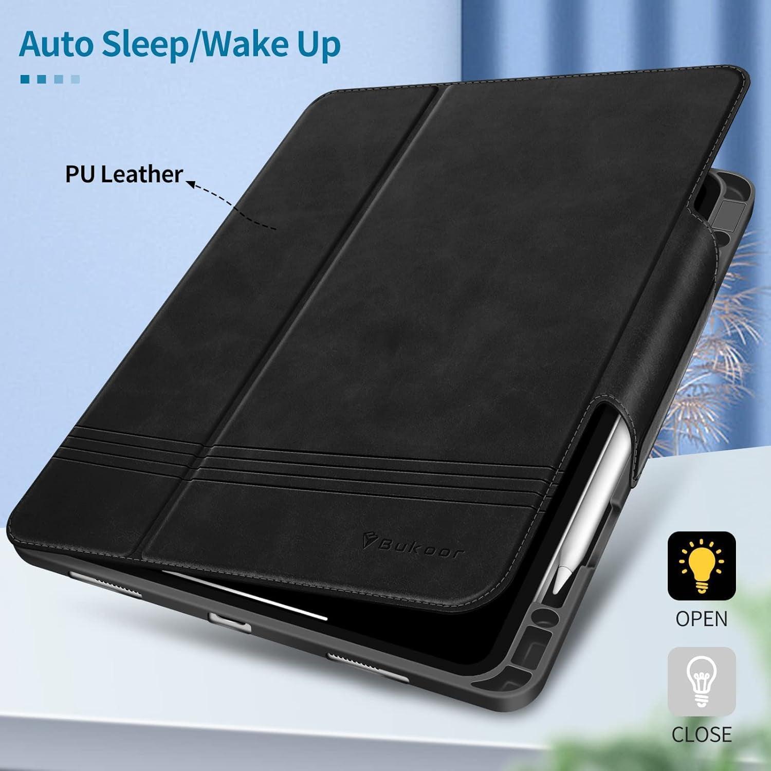 Bukoor Ipad Pro 12.9 Inch Case 6Th Generation (2022) 5Th/4Th/3Rd Generation (2021/2020/2018) with Pencil Holder, Auto Sleep/Wake,Vegan Leather Smart Cover (Black) - Evallys.com # #