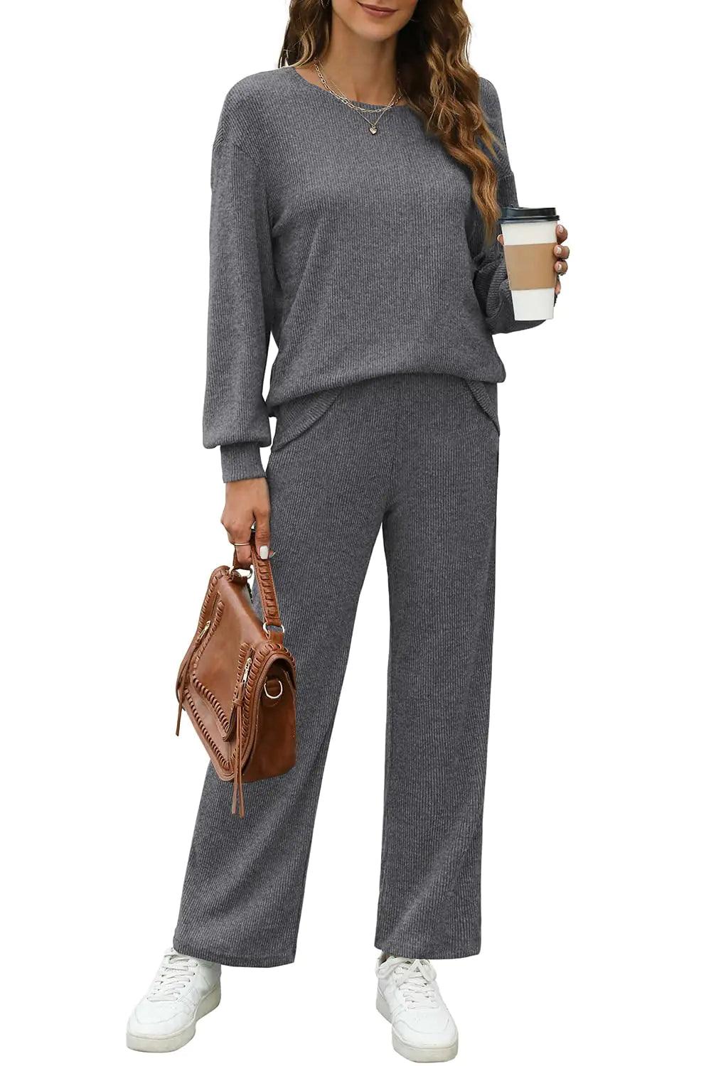 WIHOLL Womens Sweatsuits Sets Long Sleeve Crewneck Top Wide Leg Pants Two Piece Outfits Dark Gray Small - Evallys.com # #