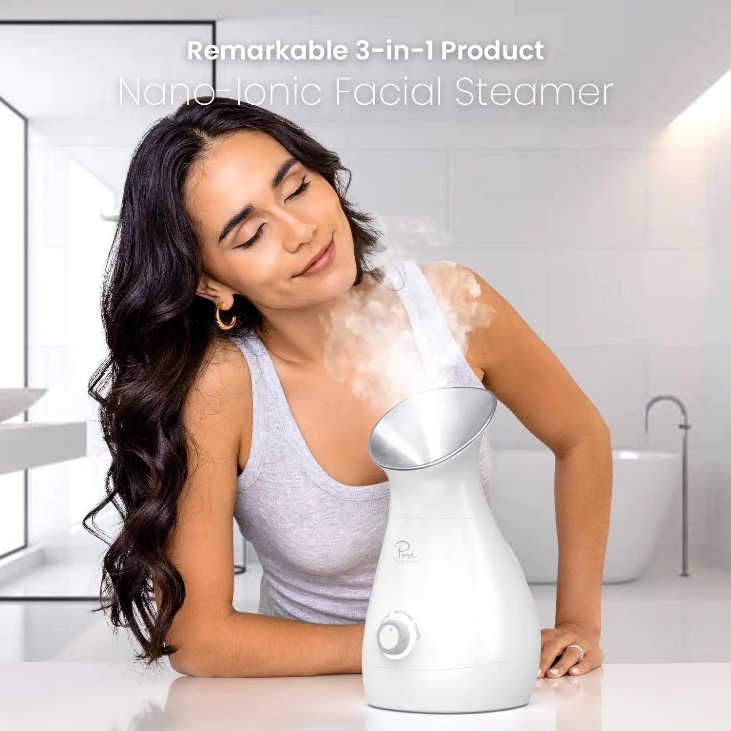 NanoSteamer Large 3-in-1 Nano Ionic Facial Steamer with Precise Temp Control - Humidifier - Unclogs Pores - Blackheads - Spa Quality - Bonus 5 Piece Stainless Steel Skin Kit (Silver) Silver - Evallys.com # #