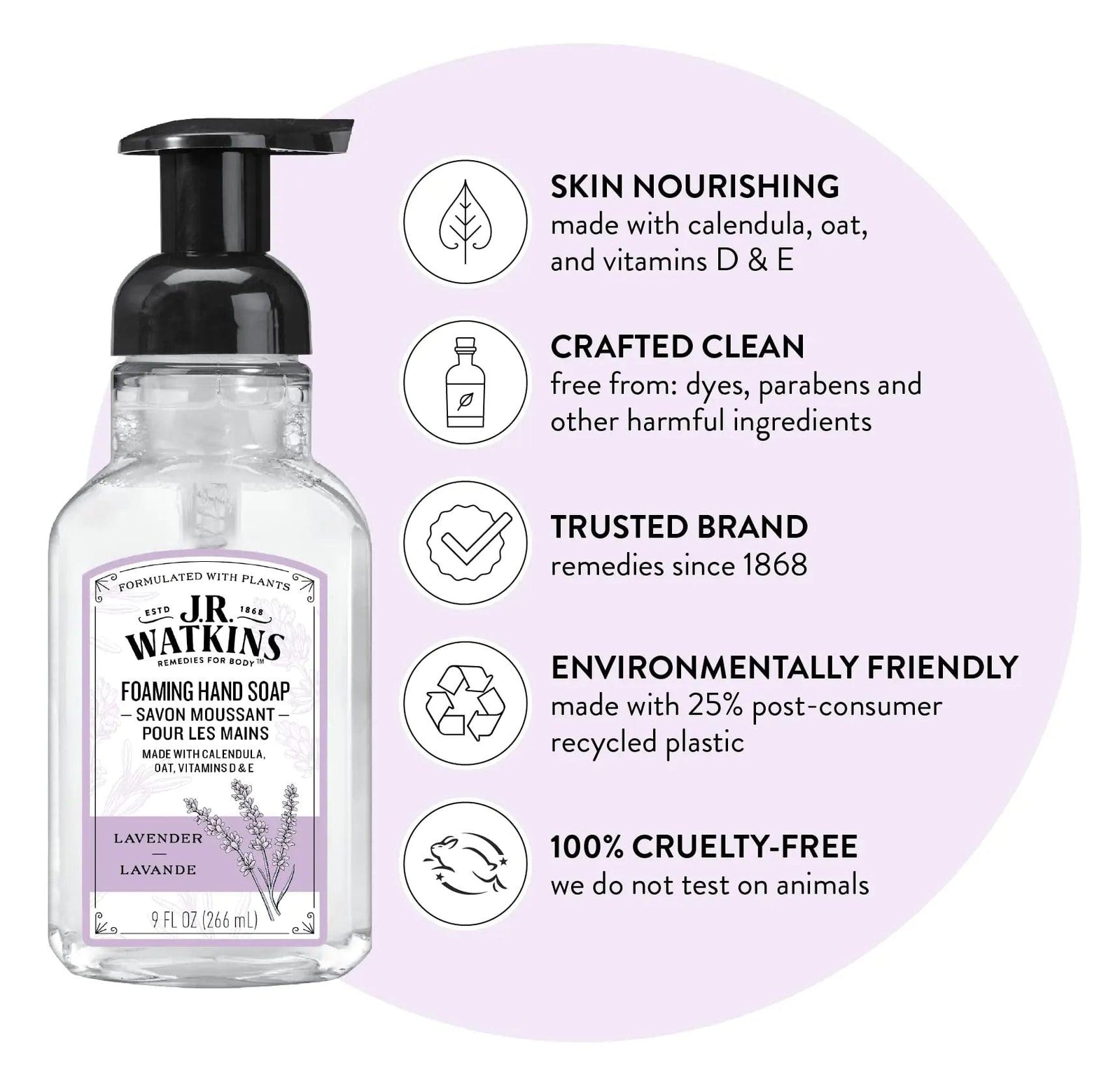 J.R. Watkins Foaming Hand Soap with Pump Dispenser, Moisturizing Foam Hand Wash, All Natural, Alcohol-Free, Cruelty-Free, USA Made, Lavender, 9 fl oz, 3 Pack - Evallys.com # #