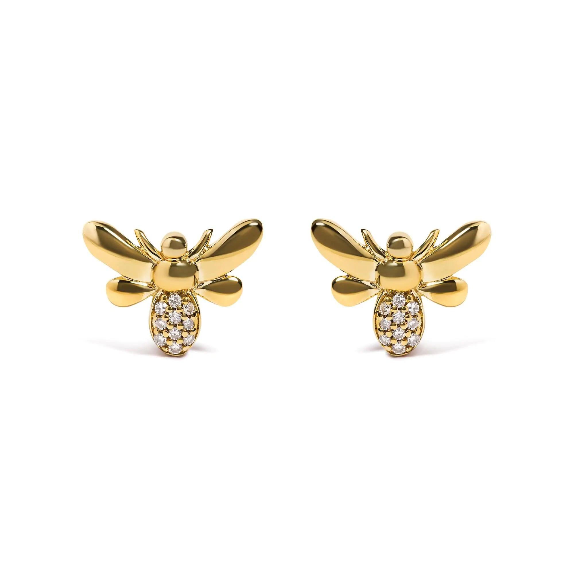 10K Yellow Gold Diamond Accented Bumble Bee Stud Earring (H-I Color, I1-I2 Clarity) - Evallys.com # #