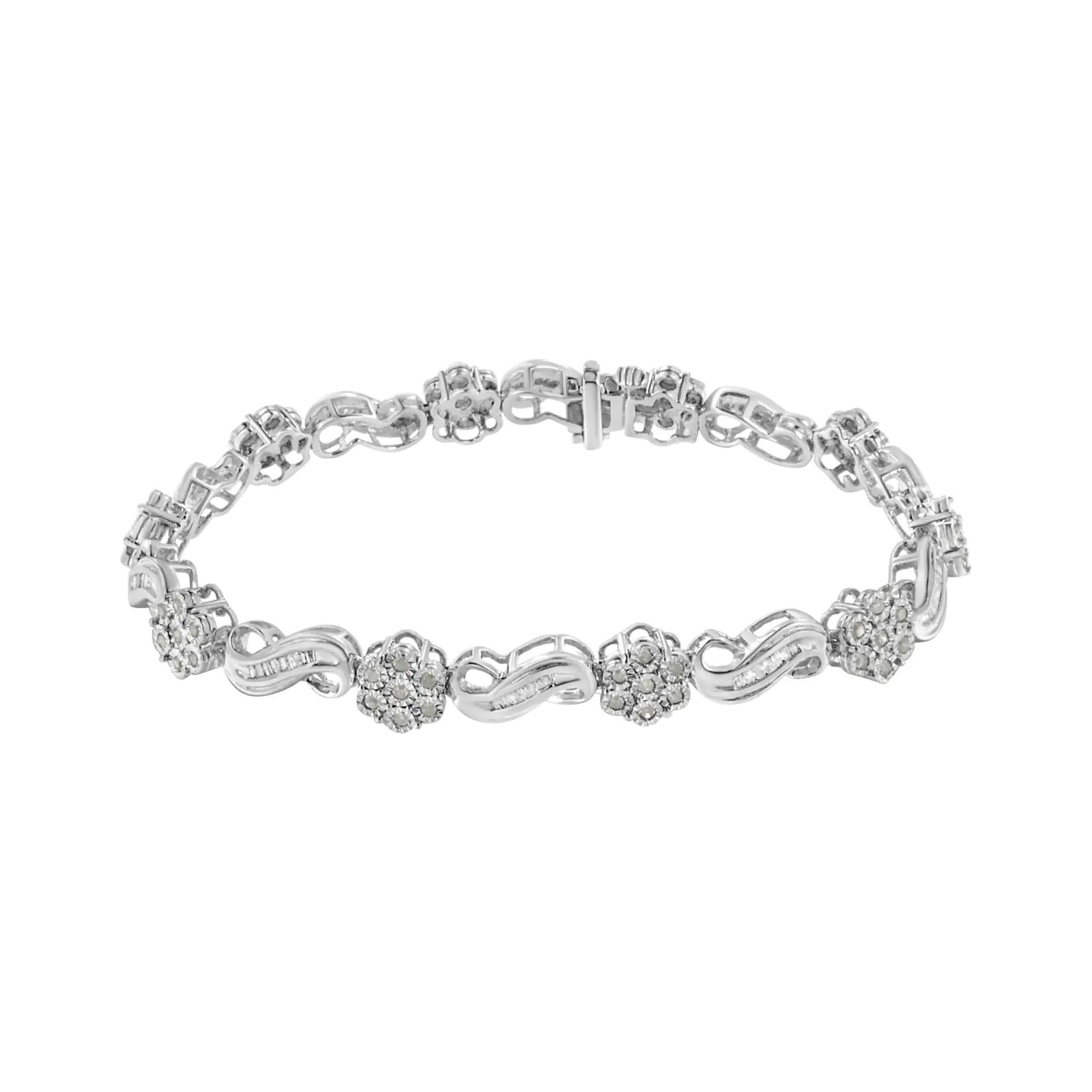 .925 Sterling Silver 1.0 Cttw Miracle and Channel Set Diamond Floral Cluster and Link Bracelet (I-J Color, I3 Clarity) - 7.25