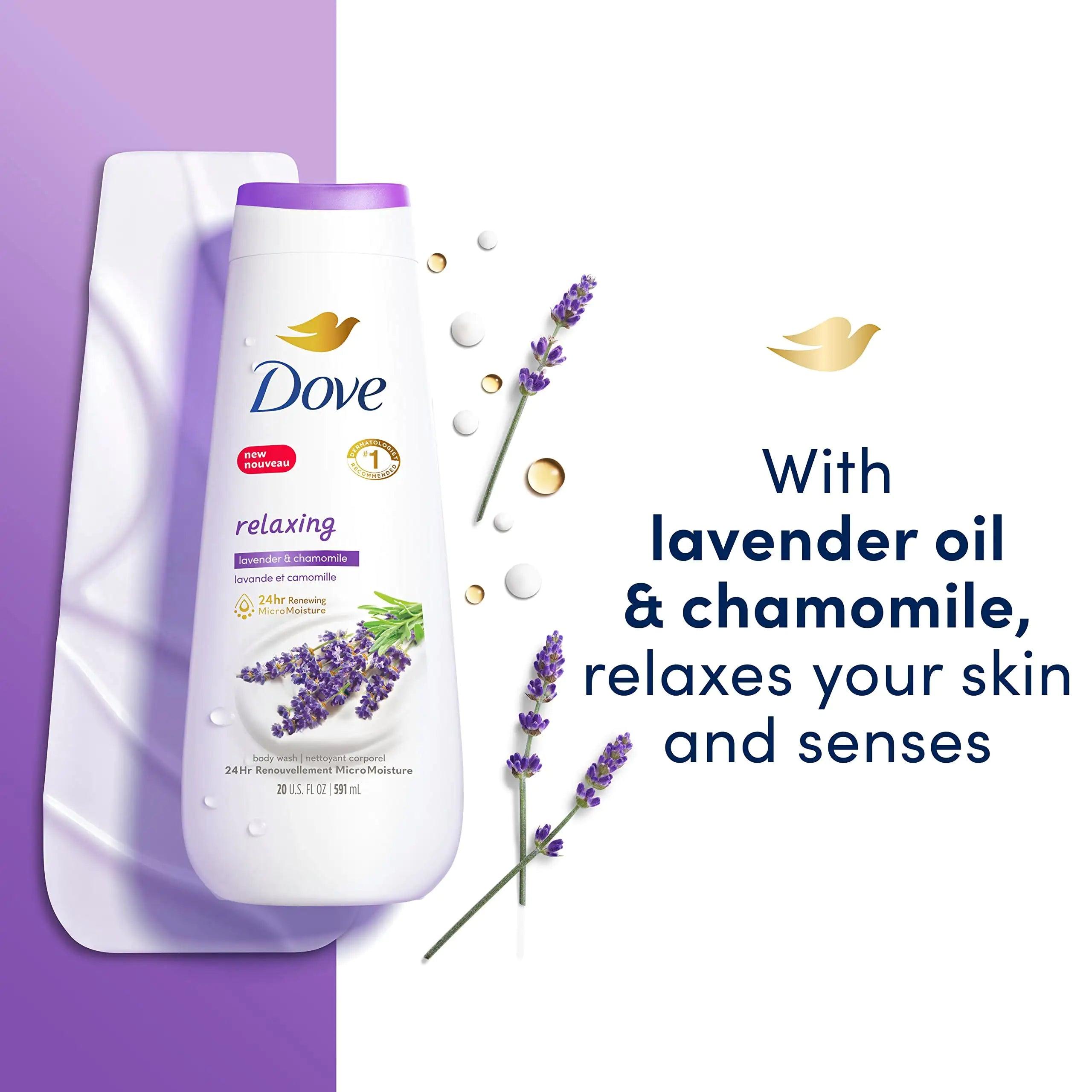 Dove Body Wash 4 Count Relaxing Lavender Oil & Chamomile for Renewed, Healthy-Looking Skin Gentle Skin Cleanser with 24hr Renewing MicroMoisture 20 oz Lavender Oil and Chamomile 20 Fl Oz (Pack of 4) - Evallys.com # #