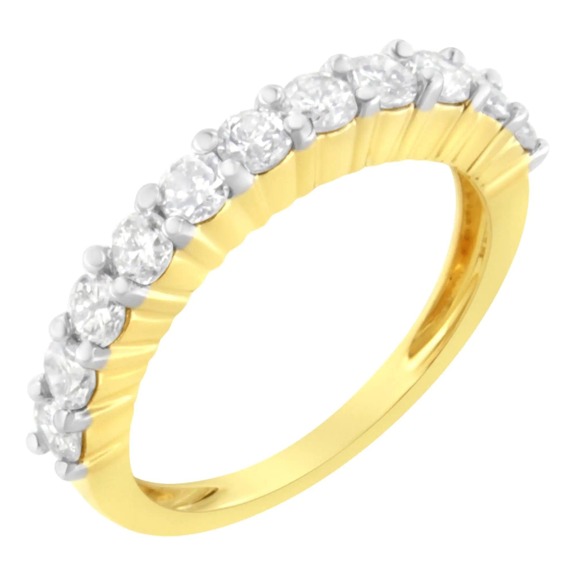 IGI Certified 14K Yellow Gold Plated .925 Sterling Silver 1.0 cttw Shared Prong Set Brilliant Round-Cut Diamond 11 Stone Band Ring (J-K Color, SI1-SI2 Clarity) - Evallys.com # #