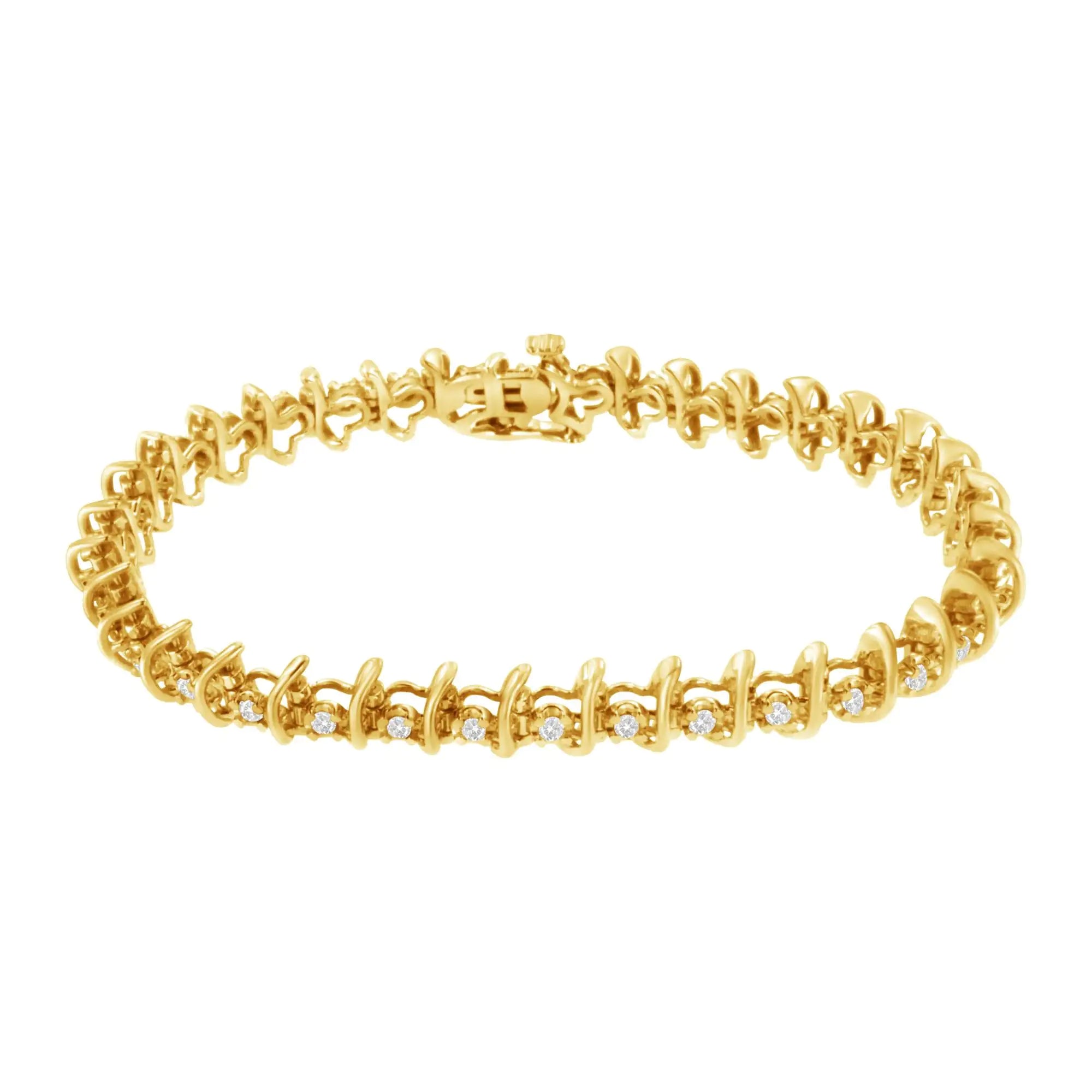 10KT Yellow Gold Plated .925 Sterling Silver 1 cttw Prong-Set Diamond Link Bracelet (J-K, I1-I2) - 7.5" - Evallys.com # #