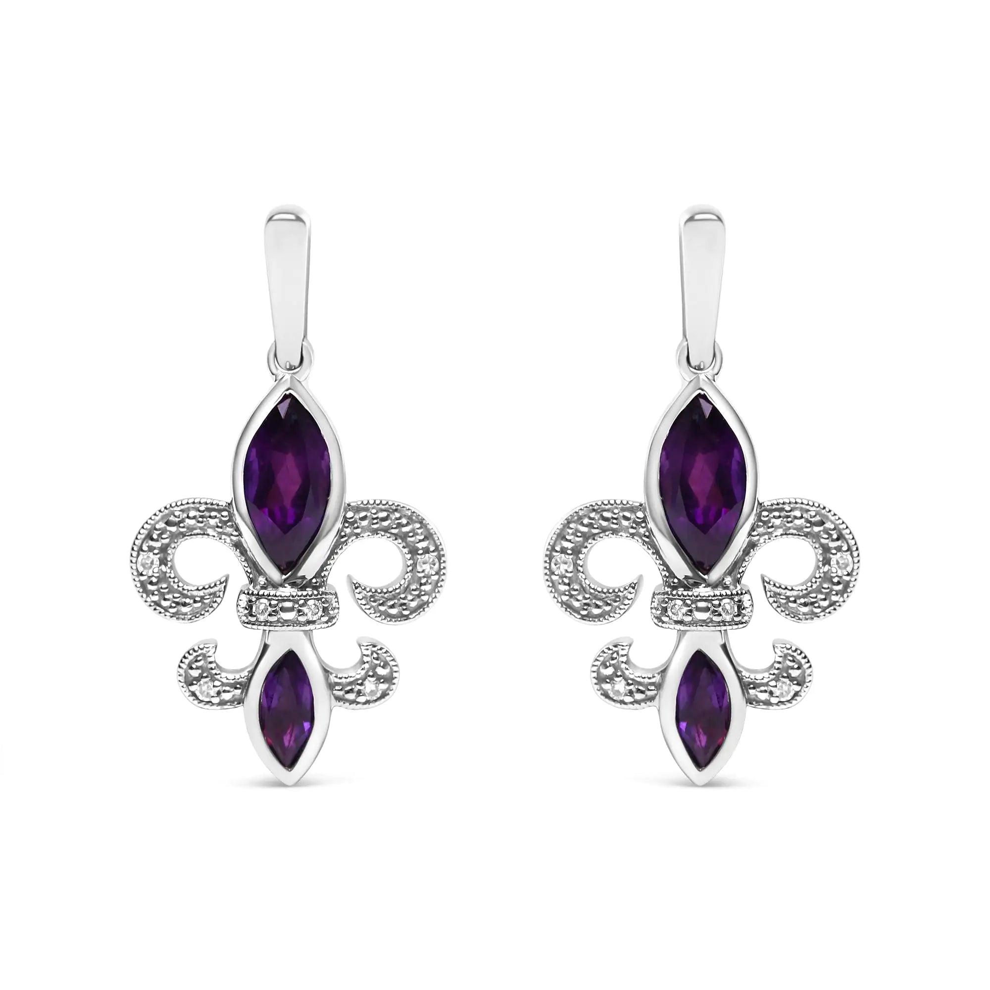 .925 Sterling Silver Marquise Cut Amethyst and Diamond Accent Fleur De Lis Dangle Stud Earrings (H-I Color, SI1-SI2 Clarity) - Evallys.com # #