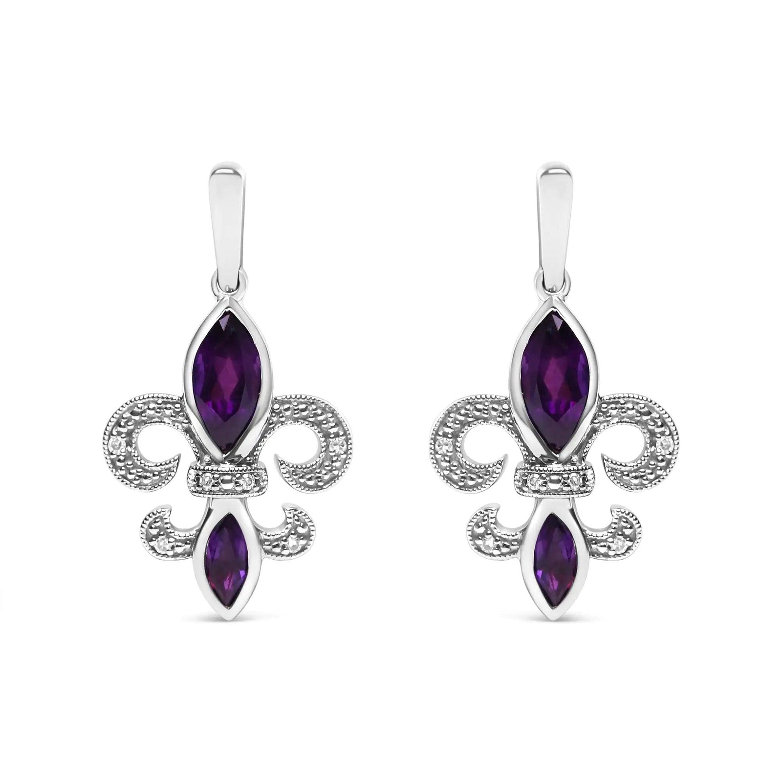 .925 Sterling Silver Marquise Cut Amethyst and Diamond Accent Fleur De Lis Dangle Stud Earrings (H-I Color, SI1-SI2 Clarity) - Evallys.com # #