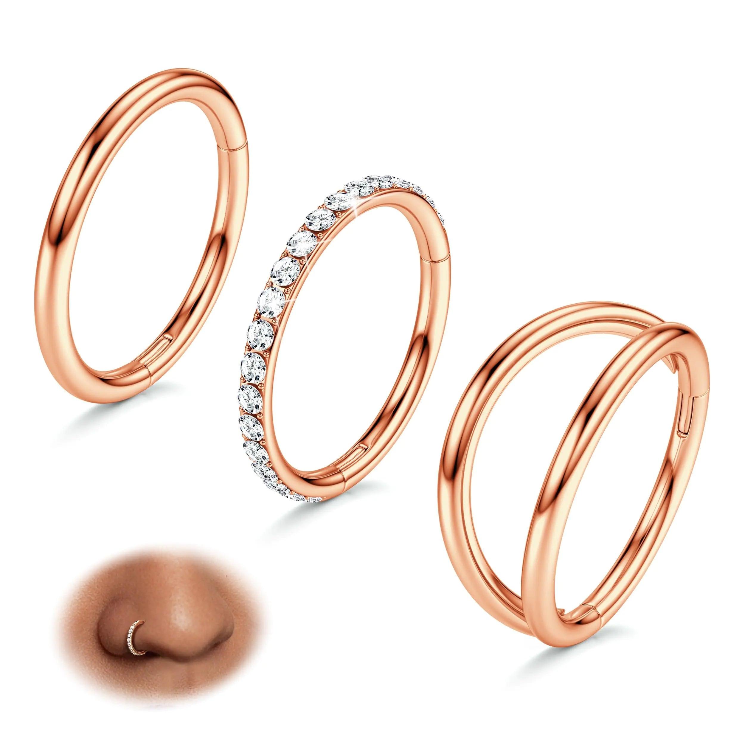 BodyBonita 3pcs Nose Rings Hoops - 316L Surgical Steel Double Hoop Nose Rings 16G/18G/20G Hinged CZ Conch Piercing Jewelry Septum Clicker Lip Rings Cartilage Earring Helix Rook Tragus Daith 7mm/8mm/9mm/10mm Rose Gold 16 gauge(1.2mm)-10mm - Evallys.com # #