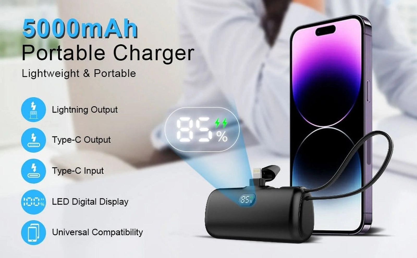 Portable Power Bank, Emergency Phone Charger External Battery Pack FAST CHARGING Power Bank Power Pod, 5000MAH Wireless Portable Phone Charger for Iphone 11/12/13/14 Pro, Black - Evallys.com # #