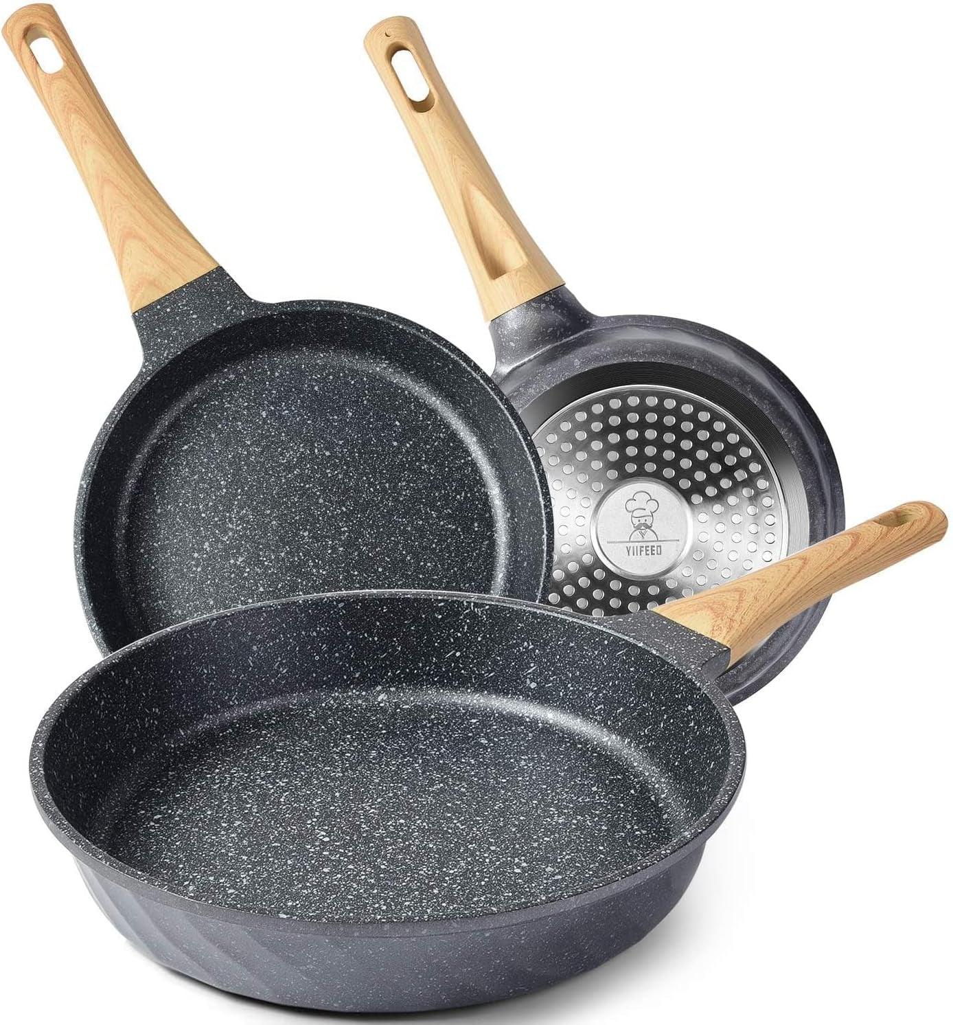 Frying Pans Nonstick, Induction Frying Pan Set Granite Skillet Pans for Cooking Omelette Pan Cookware Set with Heat-Resistant Handle, Christmas Gift for Women (8" &9.5" &11") - Evallys.com # #