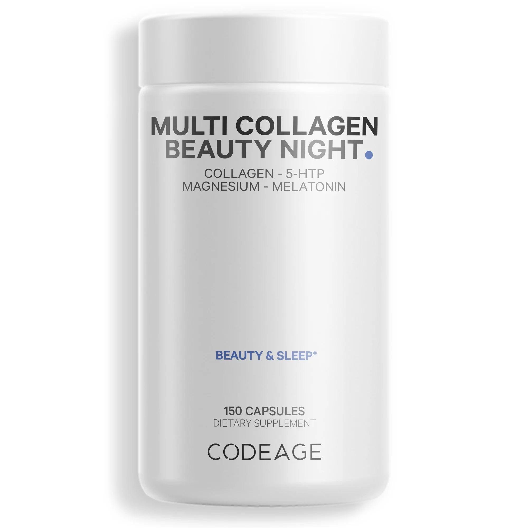 Codeage Multi Collagen Beauty Night, Magnesium, 5-HTP, Lavender, Melatonin, 5 Types Collagen + Sleep, 150 Ct - Evallys.com # #