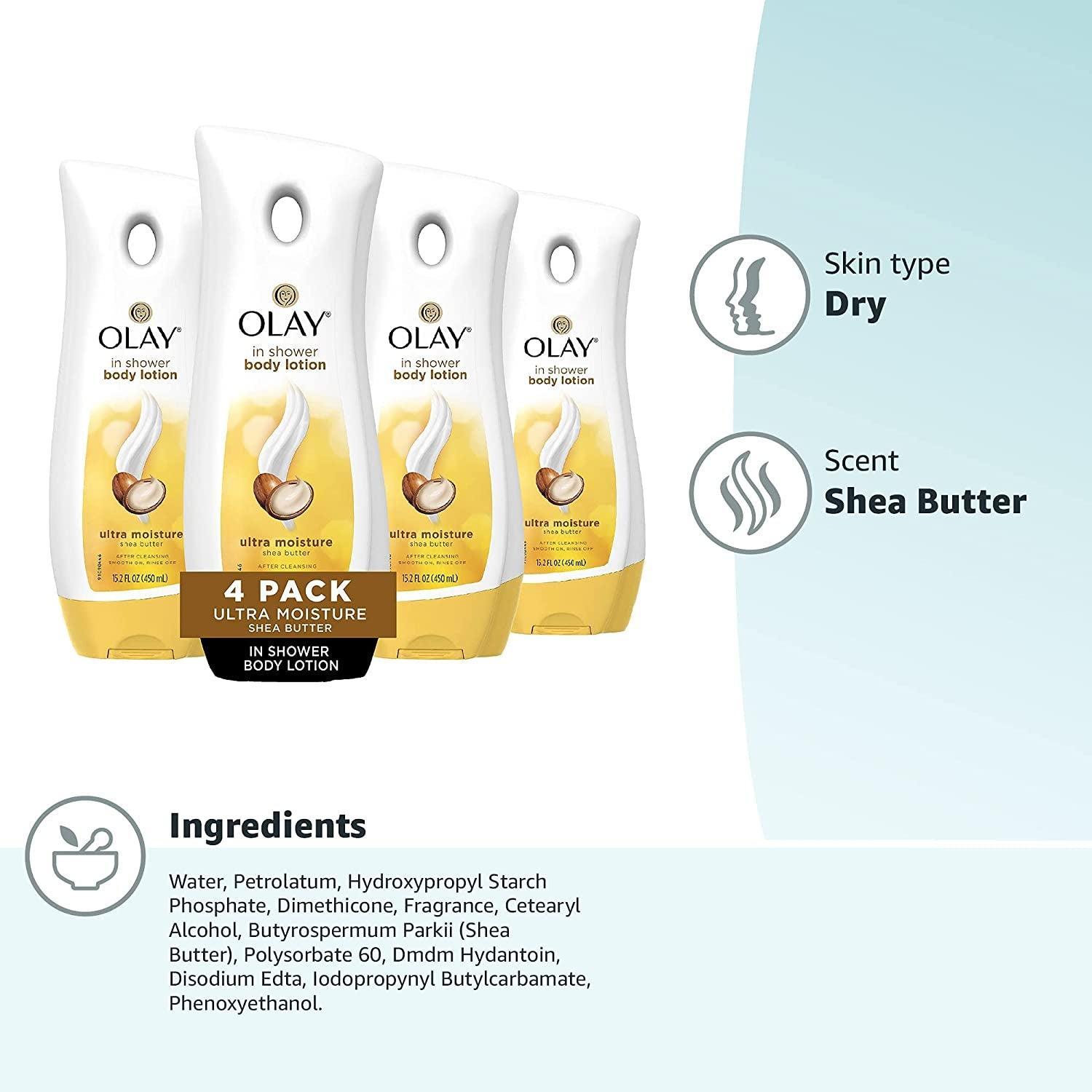 Olay Ultra Moisture Shea Butter In-Shower Body Lotion, Improves Dry Skin Hydration in 5 Days, 15.2 Fl Oz (Pack of 4) - Evallys.com # #