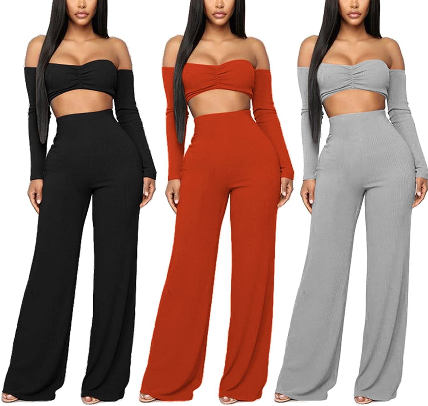 Ekaliy Women'S Sexy 2 Piece Outfits Clubwear off the Shoulder Crop Tops Long Loose Pant Set Long Sleeve Club Jumpsuits Black L - Evallys.com # #