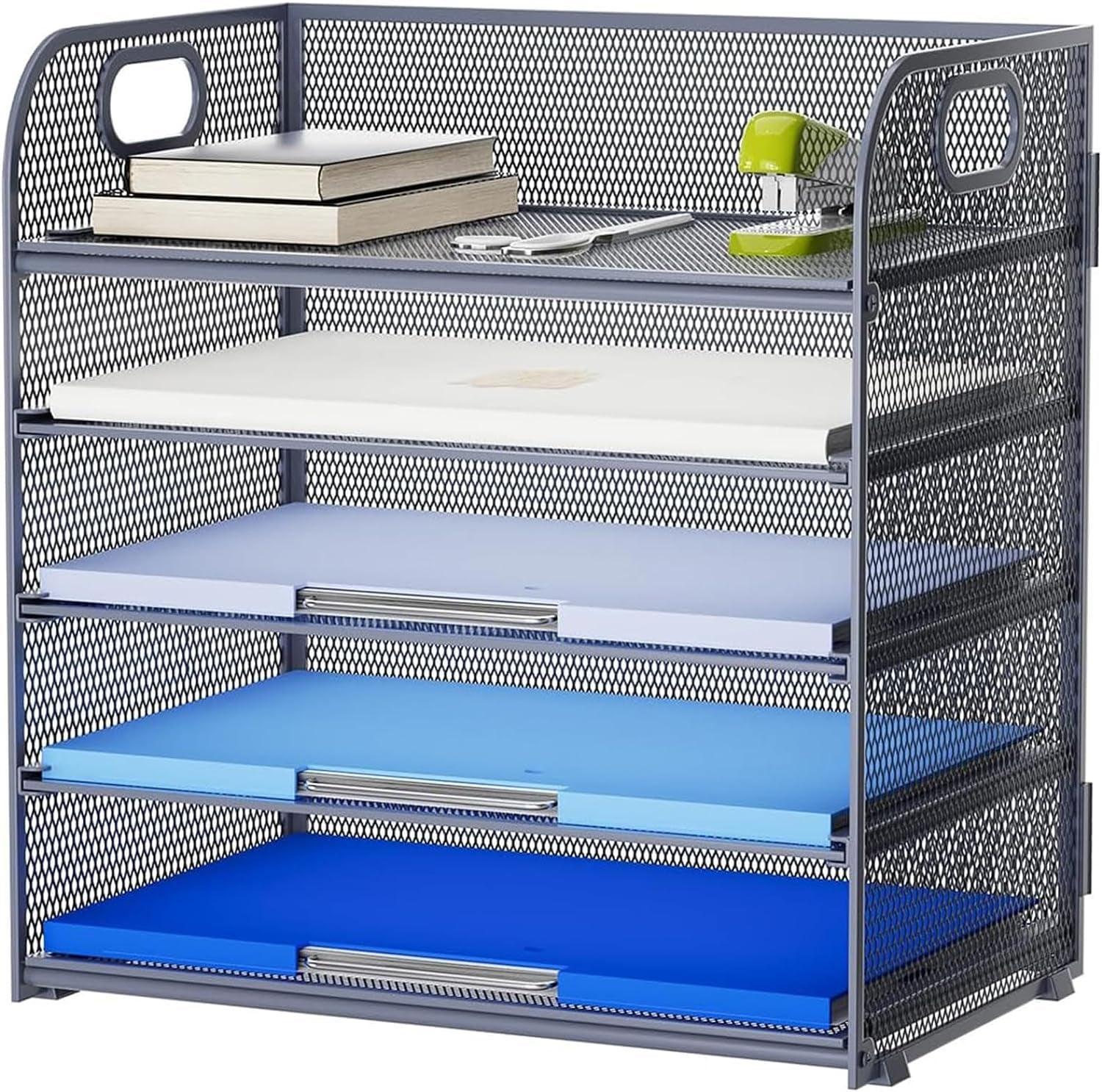 Marbrasse 2 Pack Desk Organizer with Handle, 5 Tier Paper Organizer Letter Tray Organizer, Mesh Desk File Organizer for Office, School and Home - Evallys.com # #