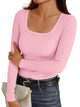AUTOMET Womens Long Sleeve Shirts Square Neck Tops Ribbed Knit Fitted Casual Basic Tees Slim Fit Fall Outfits Fashion Clothes X-Large Pink - Evallys.com
