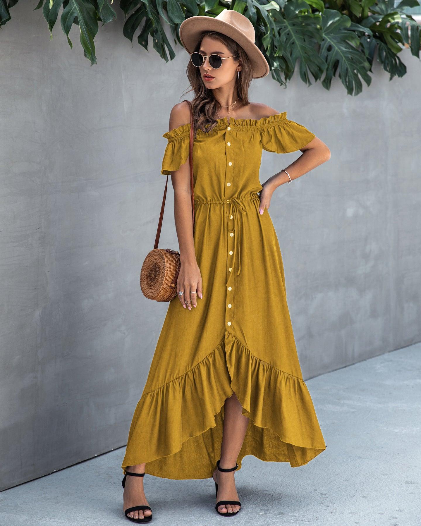 Irregular ruffled female dress with one-line collar tether - Evallys.com # #