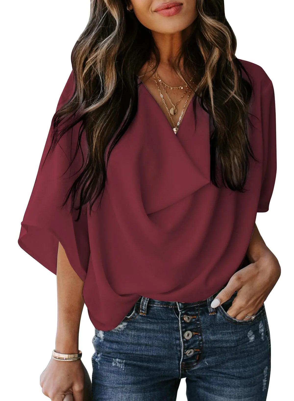Dokotoo Womens Blouses and Tops Short Sleeve Chiffon Shirts and Tops Medium 9 a Red - Evallys.com # #