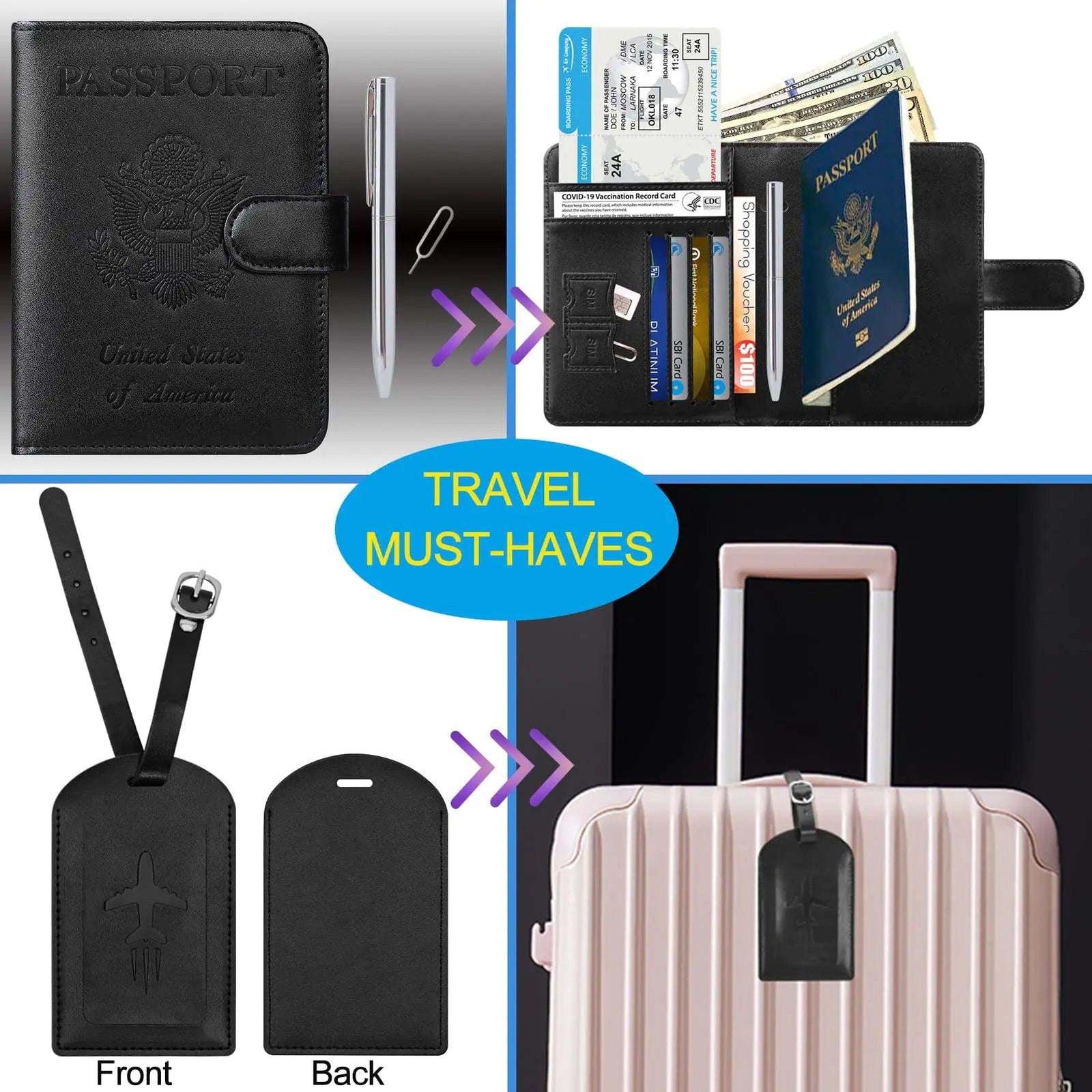 Passport Holder With Luggage Tag Cover Wallet RFID Blocking Leather Case Travel Essentials Accessories Travel Must Have(114#Black) 114#Black - Evallys.com # #