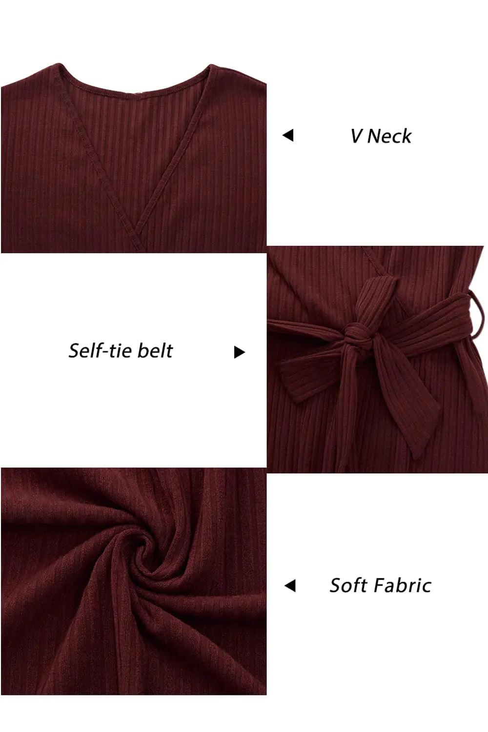 Newshows Womens 2024 Fall Sweater Dress Long Sleeve Business Casual Outfits V Neck Ribbed Knit Belt Trendy with Pockets Wine Red Large - Evallys.com # #