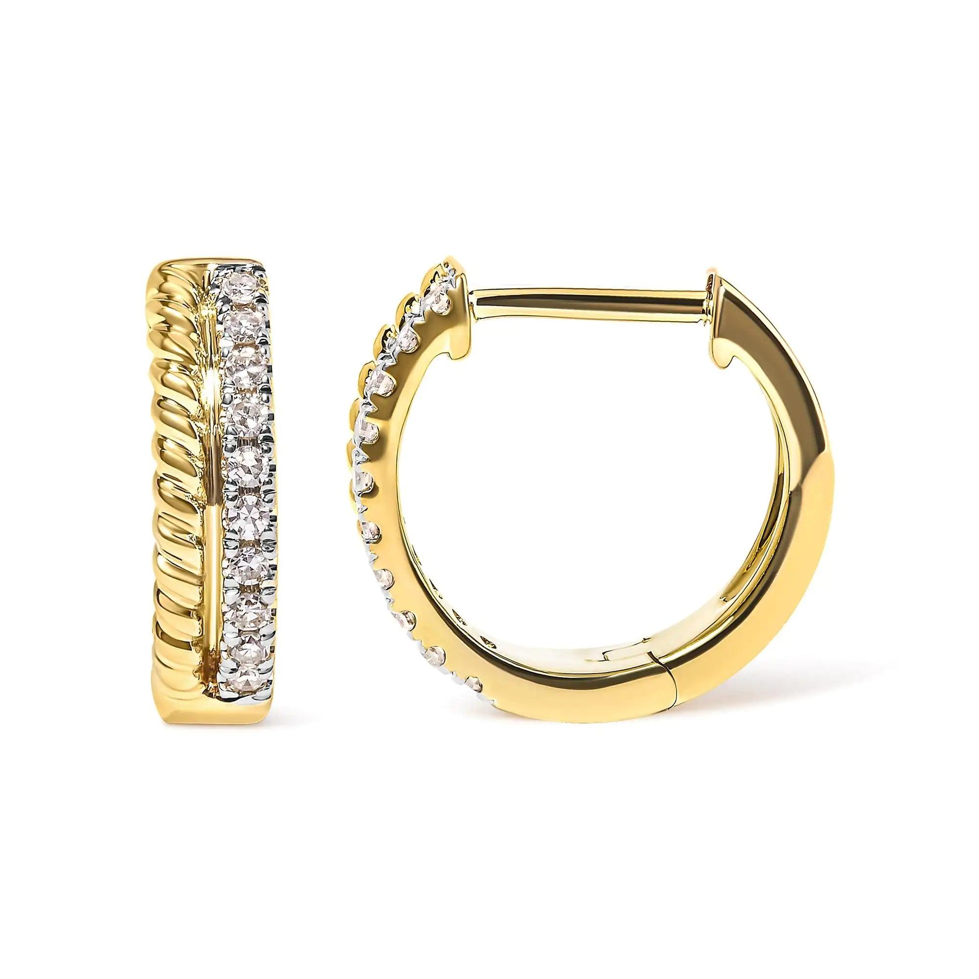 10K Yellow Gold 1/10 Cttw Diamond and Rope Twist Huggy Hoop Earrings (H-I Color, I1-I2 Clarity) - Evallys.com # #