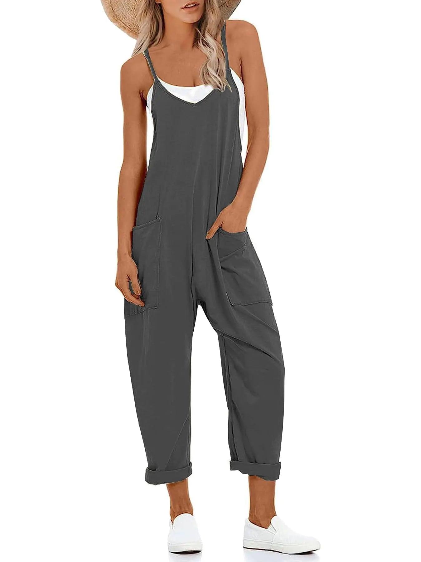 Muchpow Women's V Neck Sleeveless Jumpsuits Spaghetti Straps Harem Long Pants Overalls With Pockets Large Dark Grey - Evallys.com # #