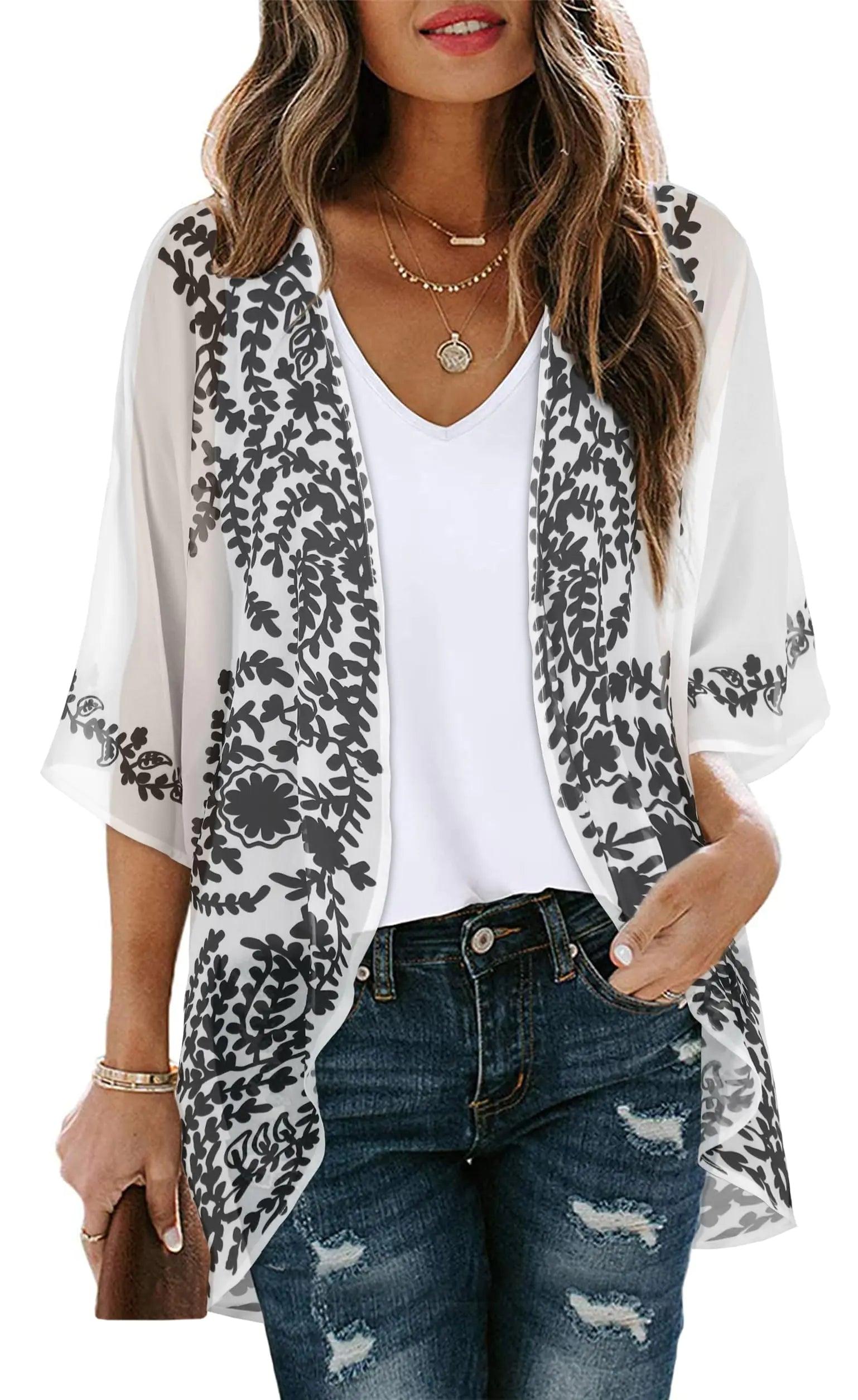 Women's Floral Print Puff Sleeve Kimono Cardigan Loose Cover Up Casual Blouse Tops Small Orange Black - Evallys.com