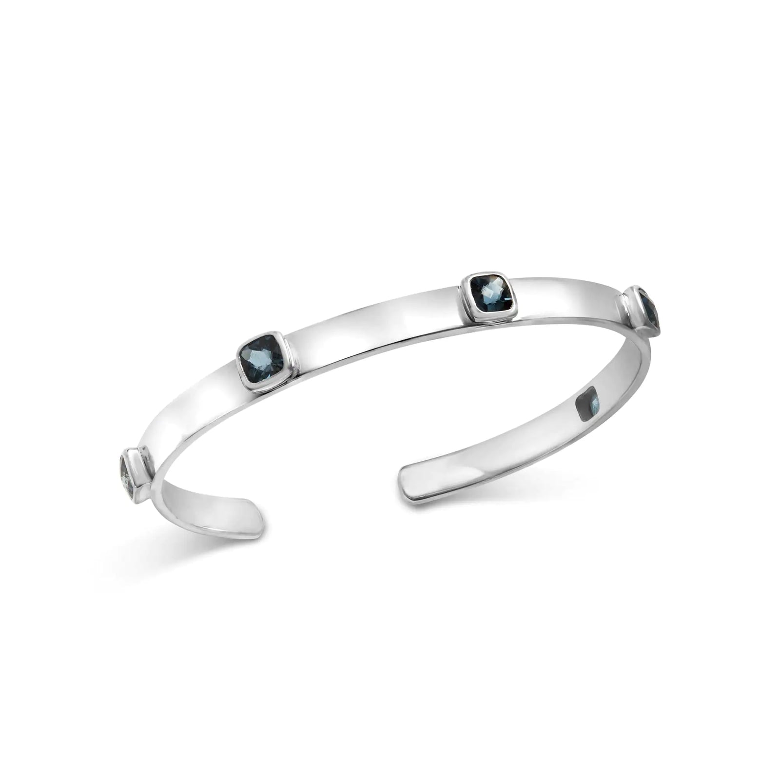 .925 Sterling Silver and Bezel Set 5mm Checkerboard Cushion Cut Blue Topaz Bangle - Fits wrists up to 8